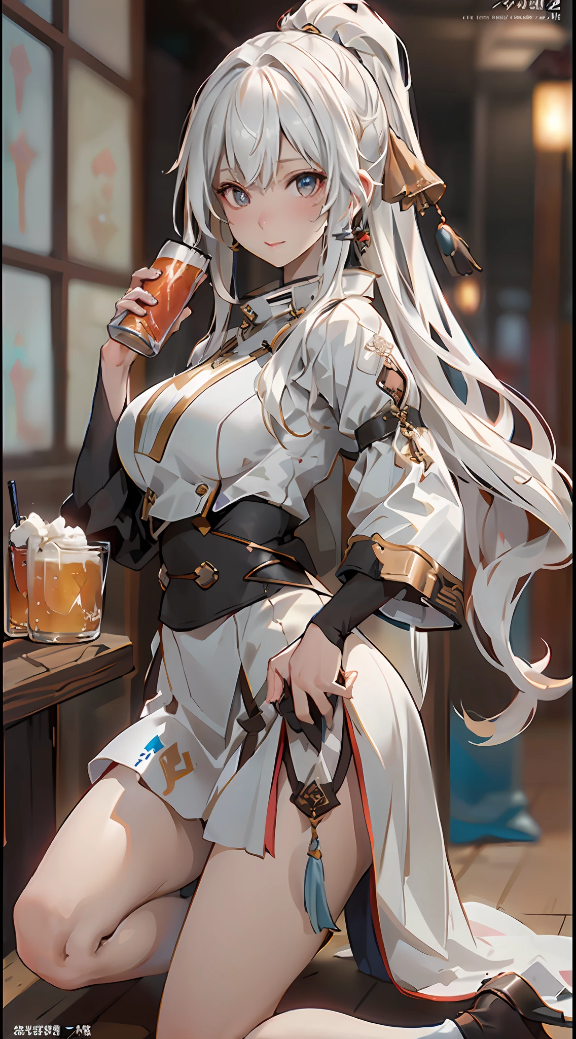 ((best qualtiy)), ((tmasterpiece)), (the detail:1.4),, Ayaka Kamisato ,long white hair,Qi bangs,High ponytail,Beer kegs,drinking alcohol,hdr(HighDynamicRange),Ray traching,NVIDIA RTX,Hyper-Resolution,Unreal 5,Subsurface scattering、PBR Texture、post-proces、Anisotropy Filtering、depth of fields、maximum definition and sharpness、Many-Layer Textures、Albedo e mapas Speculares、Surface coloring、Accurate simulation of light-material interactions、perfectly proportions、rendering by octane、Two-colored light、largeaperture、Low ISO、White balance、the rule of thirds、8K raw data、