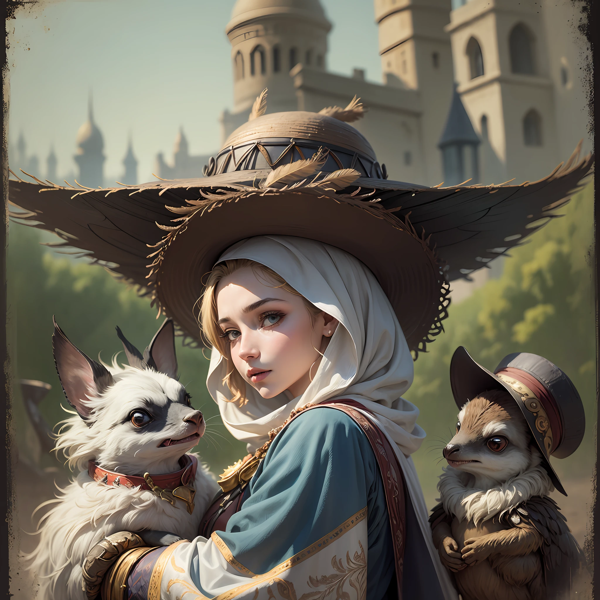 Arabian fairy tale from the 1400s, The storyteller and three funny fairytale insects from the wild, all dressed in old worn clothes, wide-brimmed hats with feathers, close-up full-length portrait in the style of Disney Pixar, super-realistic, cinematic, many details, dark blurry fantasy background --auto --s2