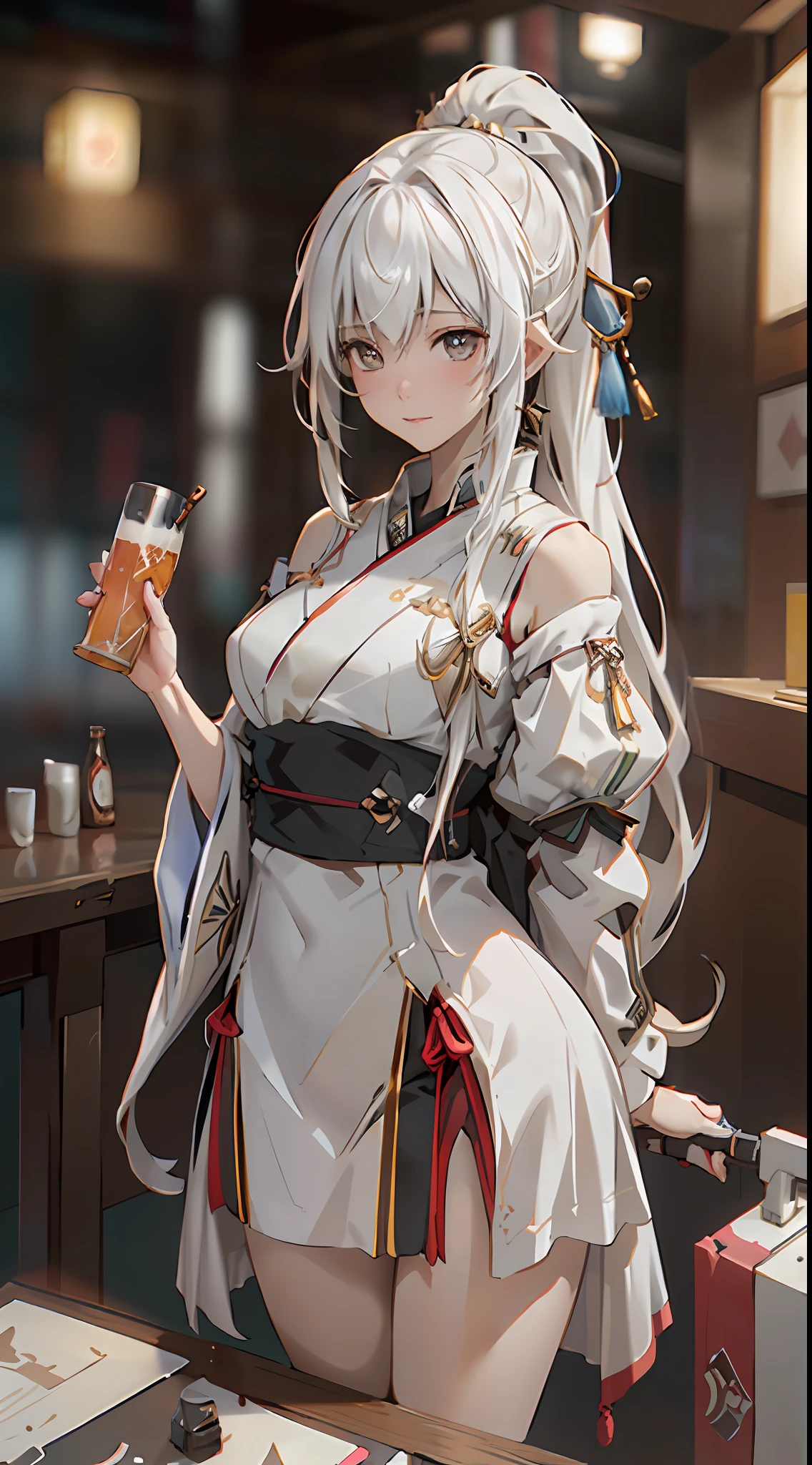 ((best qualtiy)), ((tmasterpiece)), (the detail:1.4),, Ayaka Kamisato ,long white hair,Qi bangs,High ponytail,Beer kegs,drinking alcohol,hdr(HighDynamicRange),Ray traching,NVIDIA RTX,Hyper-Resolution,Unreal 5,Subsurface scattering、PBR Texture、post-proces、Anisotropy Filtering、depth of fields、maximum definition and sharpness、Many-Layer Textures、Albedo e mapas Speculares、Surface coloring、Accurate simulation of light-material interactions、perfectly proportions、rendering by octane、Two-colored light、largeaperture、Low ISO、White balance、the rule of thirds、8K raw data、