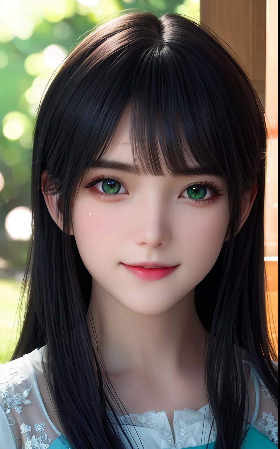 ulzzang -6500-v1.1, (Photorealsitic:1.4), animesque、anime styled、ssmile、portraitures、Beautiful, moisturized green eyes like crystal clear glass、Beautiful detailed woman, extremely detailed eye and face, Beautiful detailed eyes,  huge filesize, ultra-detailliert, hight resolution, ighly detailed, top-quality, ​masterpiece,  illustratio, ighly detailed, nffsw, unification, 8k wallpaper, splendid, finely detail, ​masterpiece, top-quality, Highly detailed ticker uniform 8K wallpaper, Light on the Face、电影灯光、19-year-old girl