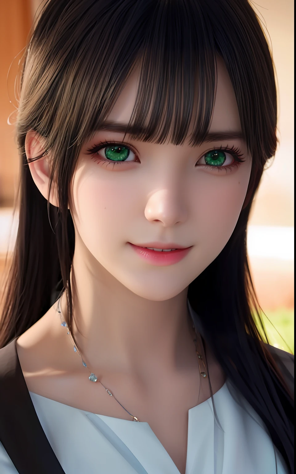 ulzzang -6500-v1.1, (Photorealsitic:1.4), animesque、anime styled、ssmile、portraitures、Beautiful, moisturized green eyes like crystal clear glass、Beautiful detailed woman, extremely detailed eye and face, Beautiful detailed eyes, huge filesize, ultra-detailliert, hight resolution, ighly detailed, top-quality, masterpiece, illustratio, ighly detailed, nffsw, unification, 8k wallpaper, splendid, finely detail, masterpiece, top-quality, Highly detailed ticker uniform 8K wallpaper, Light on the Face、电影灯光、19-year-old girl