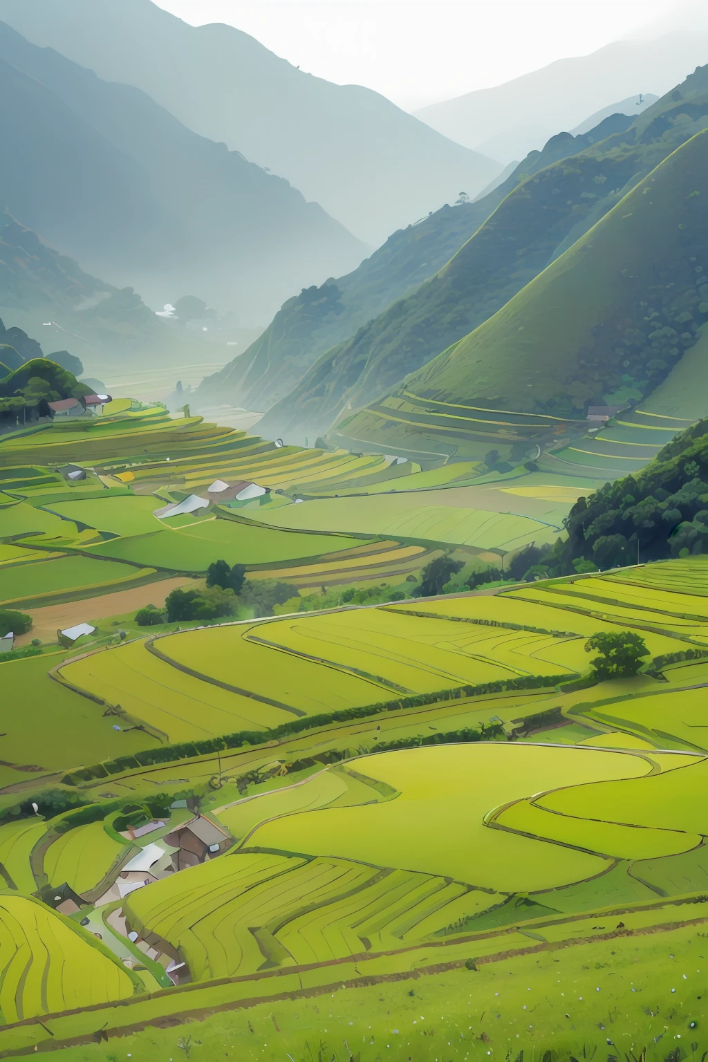 Large expanses of terraced fields, mountains, huts, with rice fields, rice fields, neat rice seedlings in the fields, misty rain, villages, agriculture, in the tranquil landscape, misty weather, in the vast tranquil landscape, in the early morning, in the morning mist, behind a small village, mist, Japanese countryside, thatched roofs --v 6