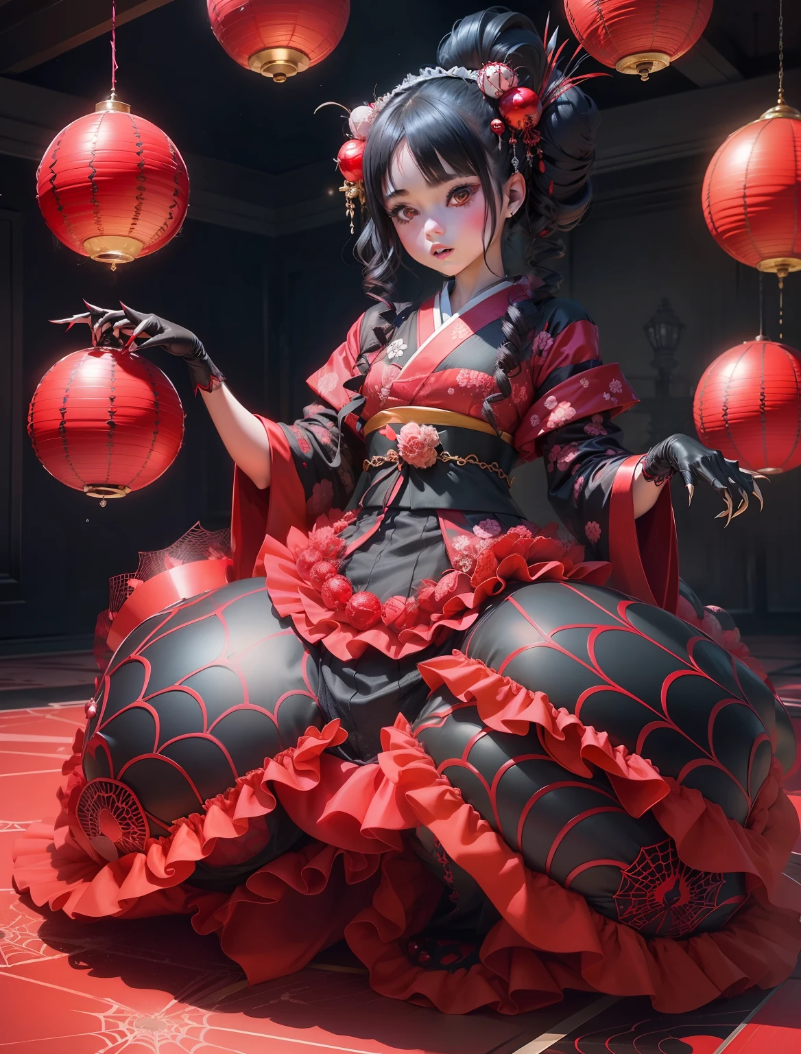 Girl fused with a spider. Kimono Maid Clothing. Spider Web Costume. Spider legs from the skirt. Inside the mansion. Four sparkling red spheres hair ornaments. sharp claws. Chess.