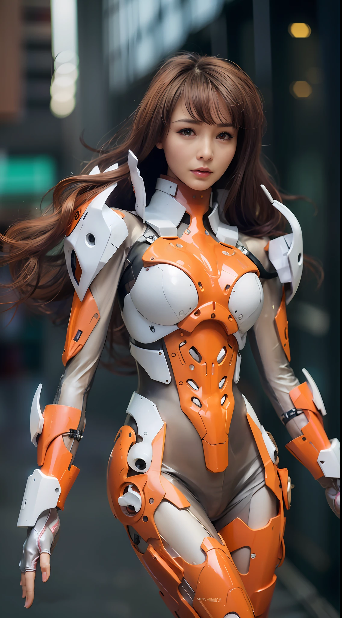 A beautiful Chinese actress, wearing a EVA 02-style latex coat, White and orange latex mech, Playing the role of Souryuu Asuka Lanley,full-body cosplay,Delicate Face, Stunningly Beautiful, Combat Pose,High Detail Skin, Realistic Skin Detail, Visible Pore,The photograph is taken with a Nikon D850 and a Nikon AF-S NIKKOR 70-200mm f/2.8E FL ED VR lens, using settings of f/8.0 aperture, 1/200 sec shutter speed, and ISO 400, DSLR Camera, High Quality, Fair Skin, Photorealism