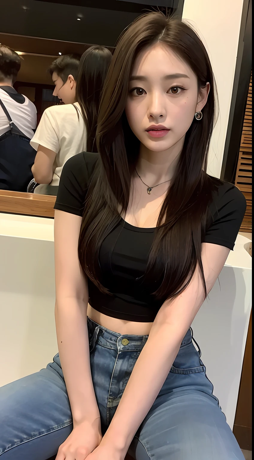 ((top-quality、8K、masterpiece:1.3))、Beautuful Women、1 female、爆乳:1.3、Slender body type:1.1、Toned belly、dark brown hair、(Japan tavern、Gray T-shirt:1.1)、Super Detailed Face、Detailed lips、A detailed eye、二重まぶた、Emphasis on the chest、Short denim、Longhaire、Legs wide open、Nasty crotch、Emphasis on the crotch、sitting on、Drunken look