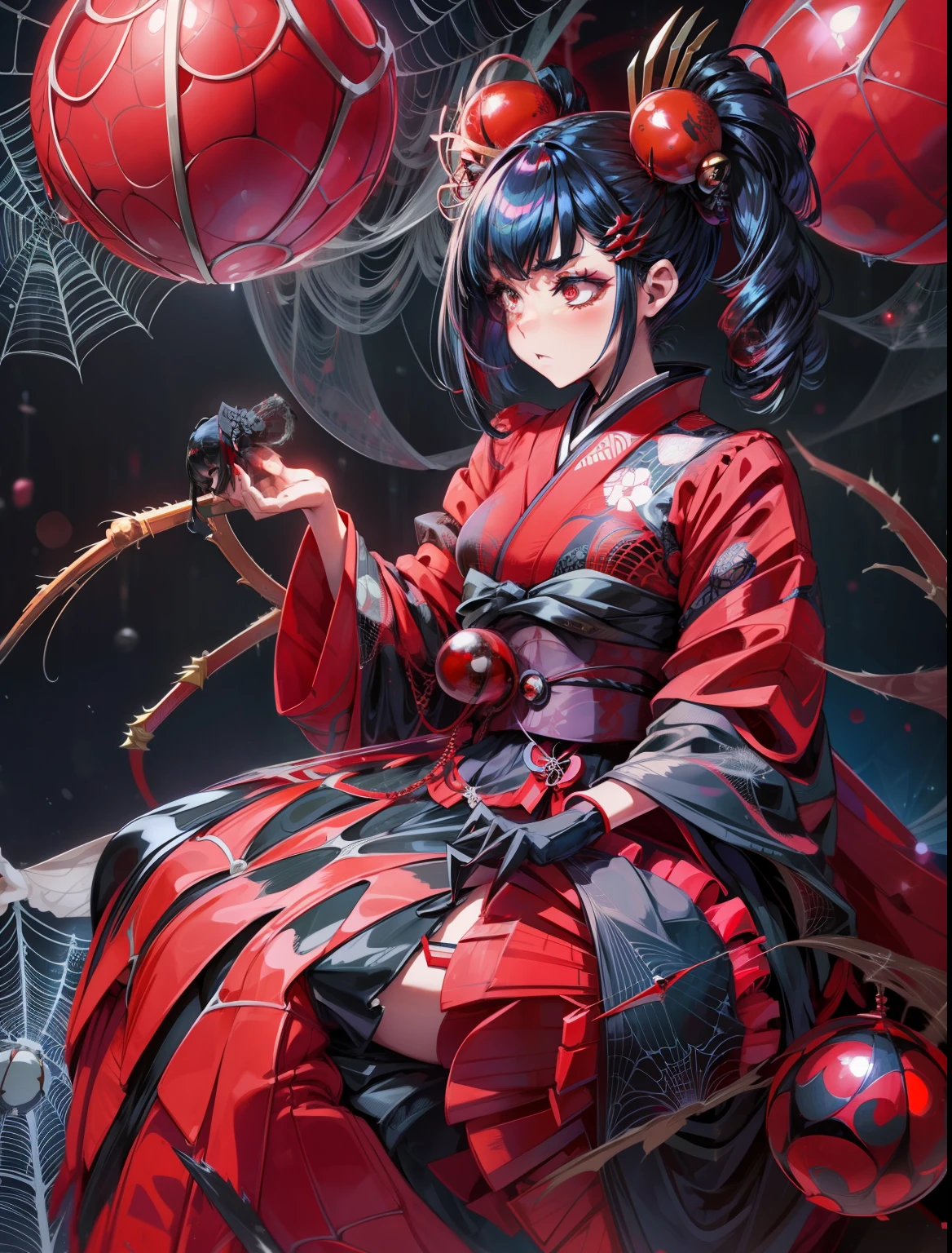 A girl fused with a spider. Kimono maid outfit. Spider web pattern costume. Spider legs from skirt. Inside the mansion. Hair ornament of four glowing red spheres. Sharp claws. Chess.