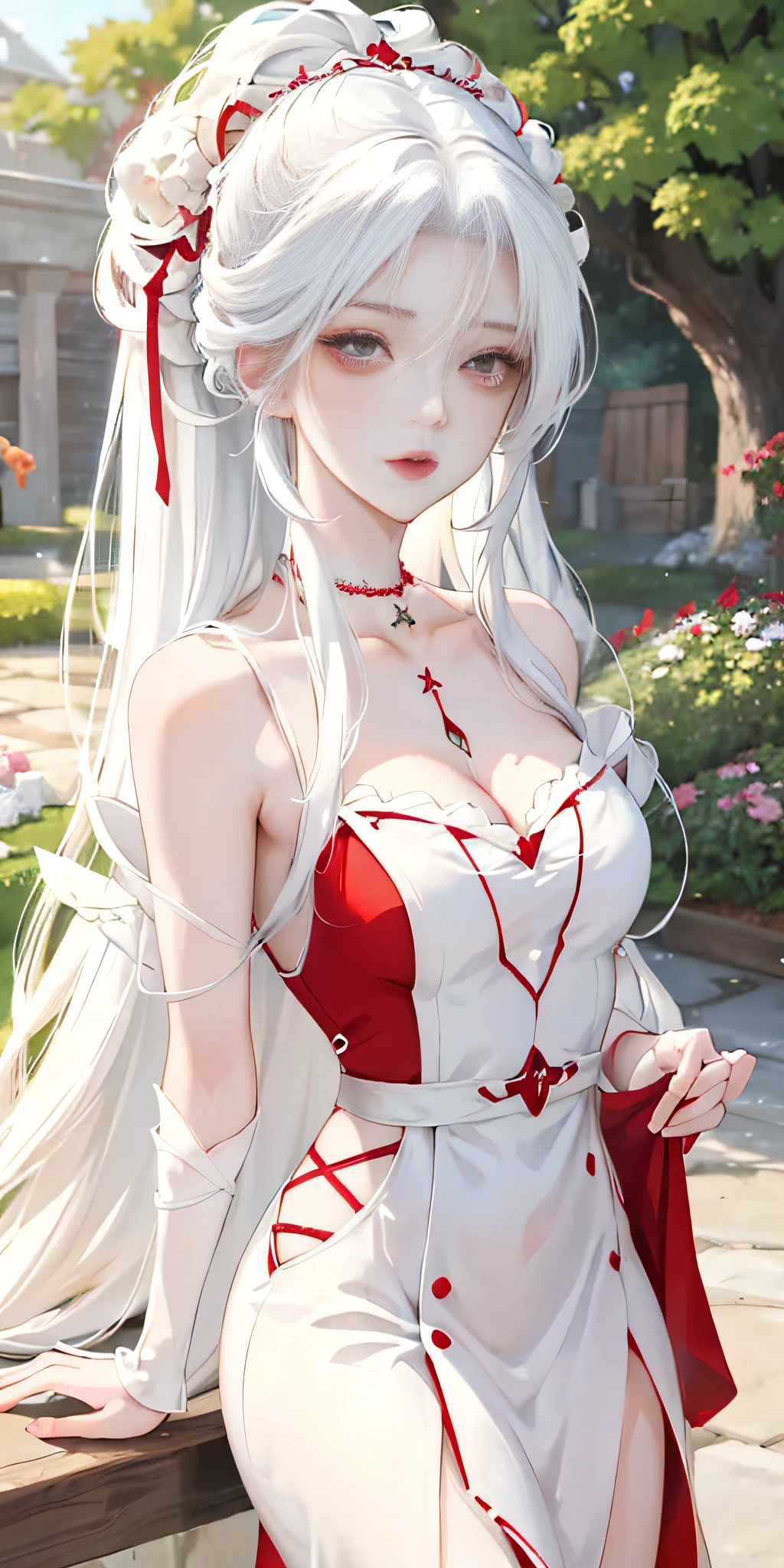 In the garden there are anime girls with long white hair and red dresses,White-haired deity,Guvitz on the Pixiv Art Station,beautiful and seductive anime woman,delicate leg