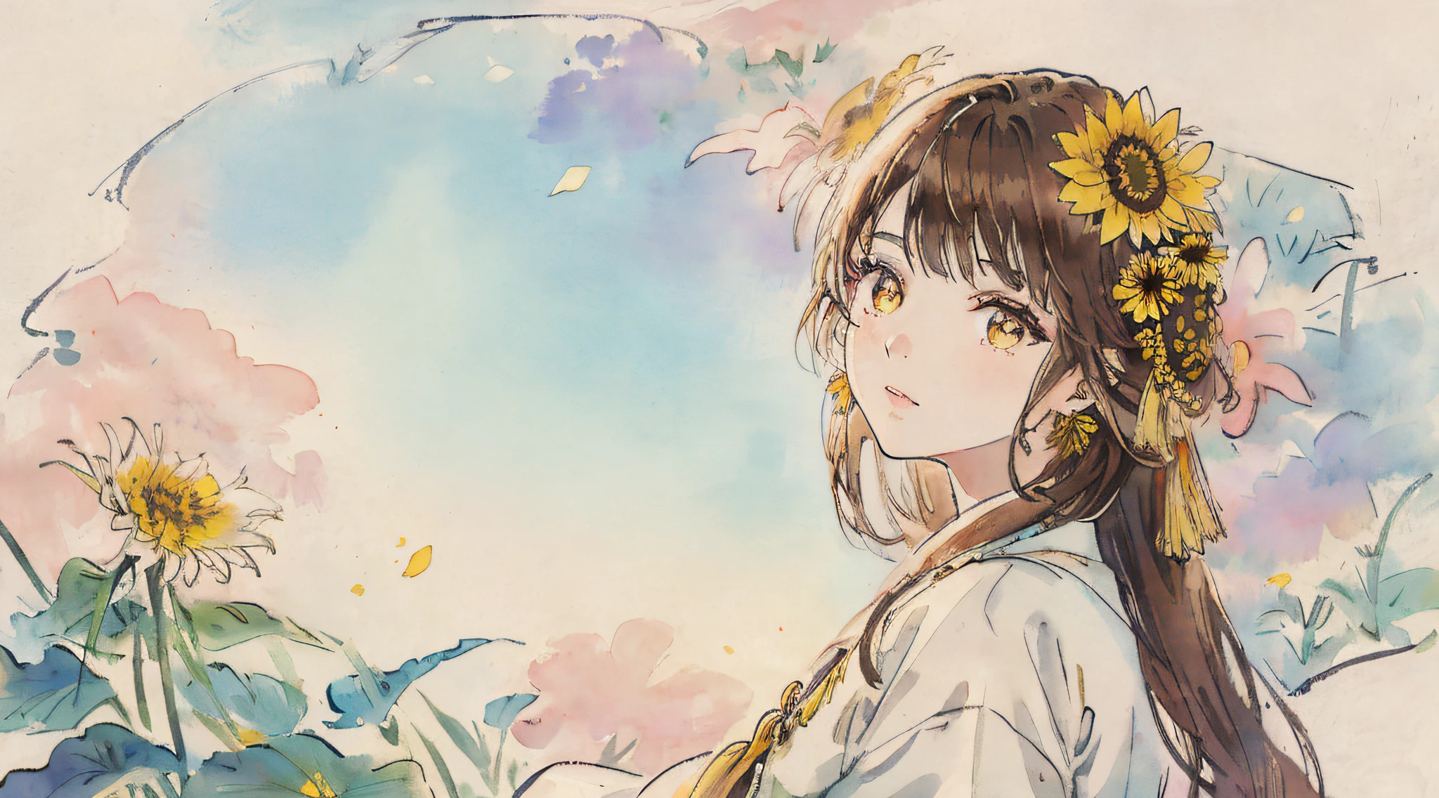 (aquarelle:1.2),1girl in, 独奏, florals, Sun flower,hitornfreckles, portraitures, fronds, bangss, signed, yellow flower, brown haired, length hair, verd s eyes, hair between eye, Flower earrings, Seen from the side, Turn around, The upper part of the body