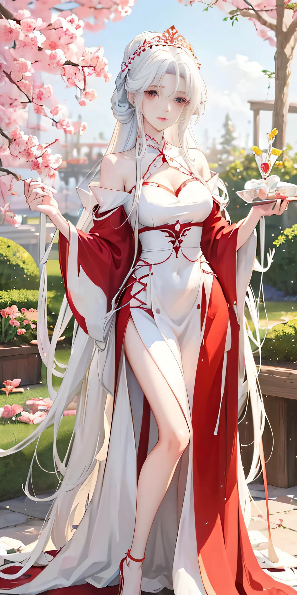 In the garden there are anime girls with long white hair and red dresses,White-haired deity,Guvitz on the Pixiv Art Station,beautiful and seductive anime woman,delicate leg