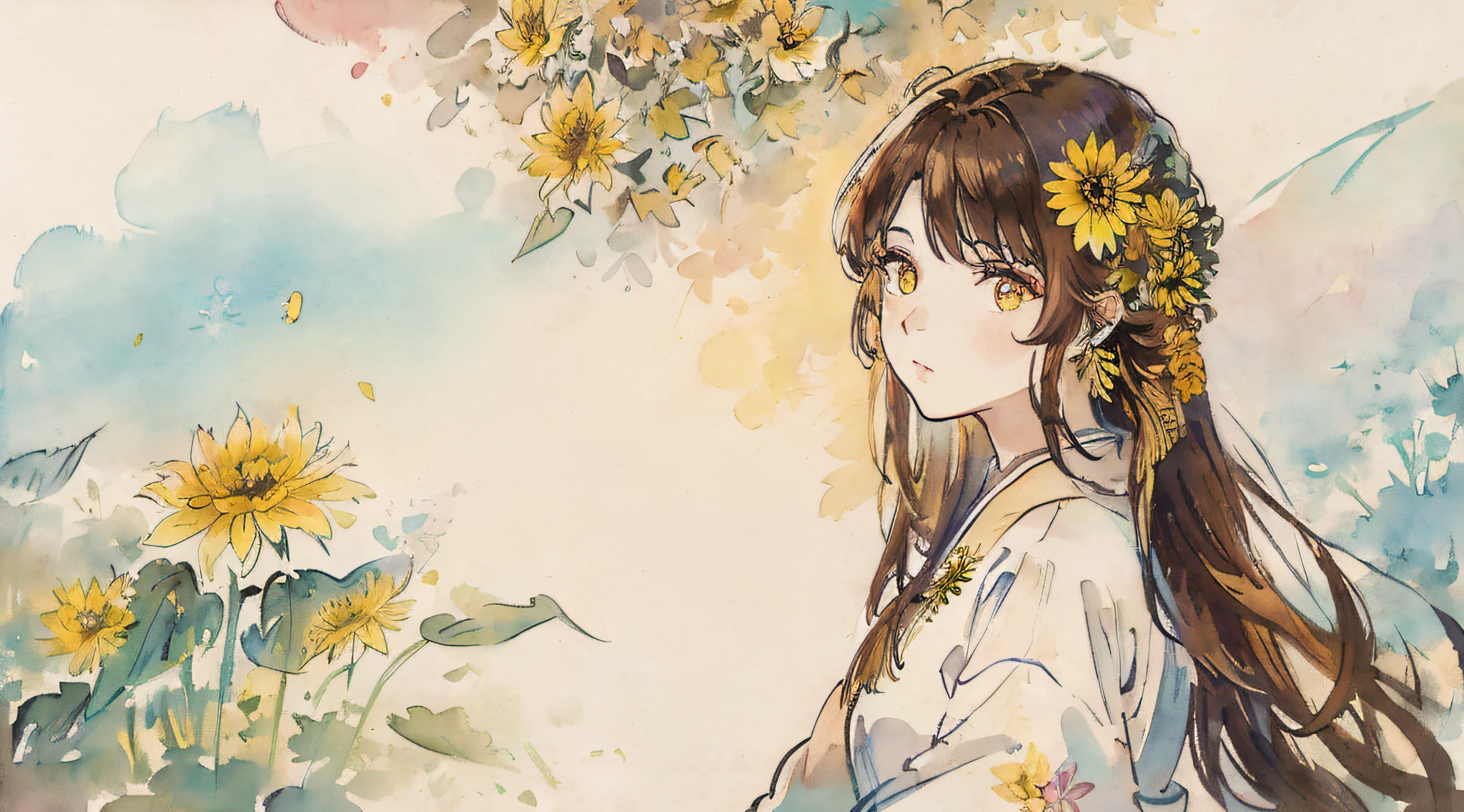 (aquarelle:1.2),1girl in, 独奏, florals, Sun flower,hitornfreckles, portraitures, fronds, bangss, signed, yellow flower, brown haired, length hair, verd s eyes, hair between eye, Flower earrings, Seen from the side, Turn around, The upper part of the body