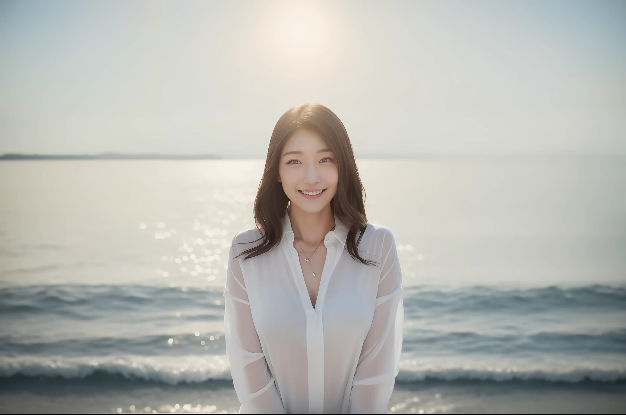 ((top-quality、8K、masterpiece:1.3))、foco nítido:1.2、Perfect Body Beauty:1.4、Slim abs:1.2、((Dark brown long hair、Colossal tits:1.2))、(natural soft light、Seaside street corner:1.2)、Highly detailed facial and skin texture、A detailed eye、(二重まぶた)、(((dynamic ungle))),Seaside street corner、Silver thin necklace、drooing eyes、Smiling、White blouses、White button shirt、Gentle expression、Beautie、Wavy Hair、Symbol of the Japan gal、Light makeup