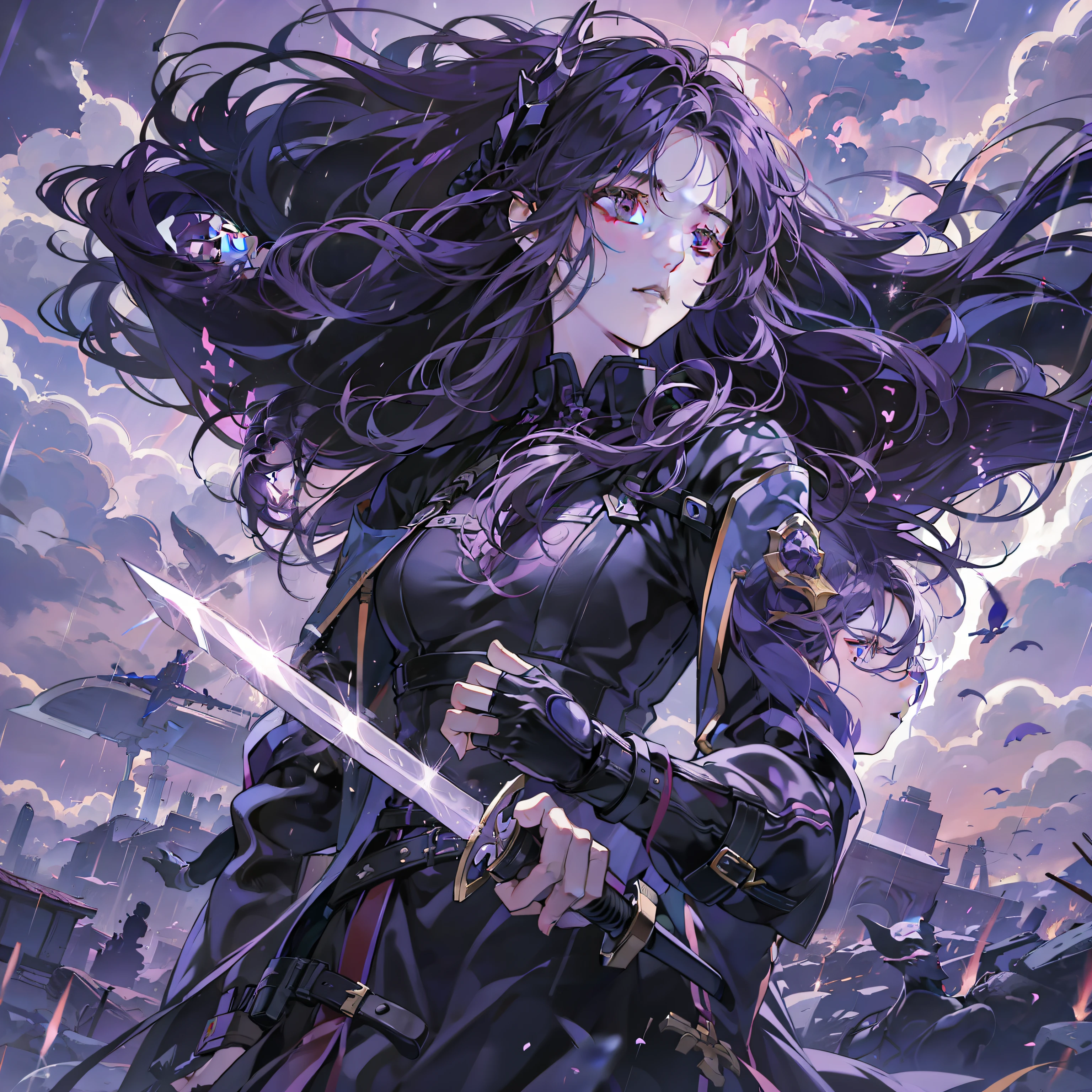 woman, long hair, purple hair, electro god, purple effects, strong, sword, killing enemy, white skin, flying, flat world, purple sky, lightning, rain