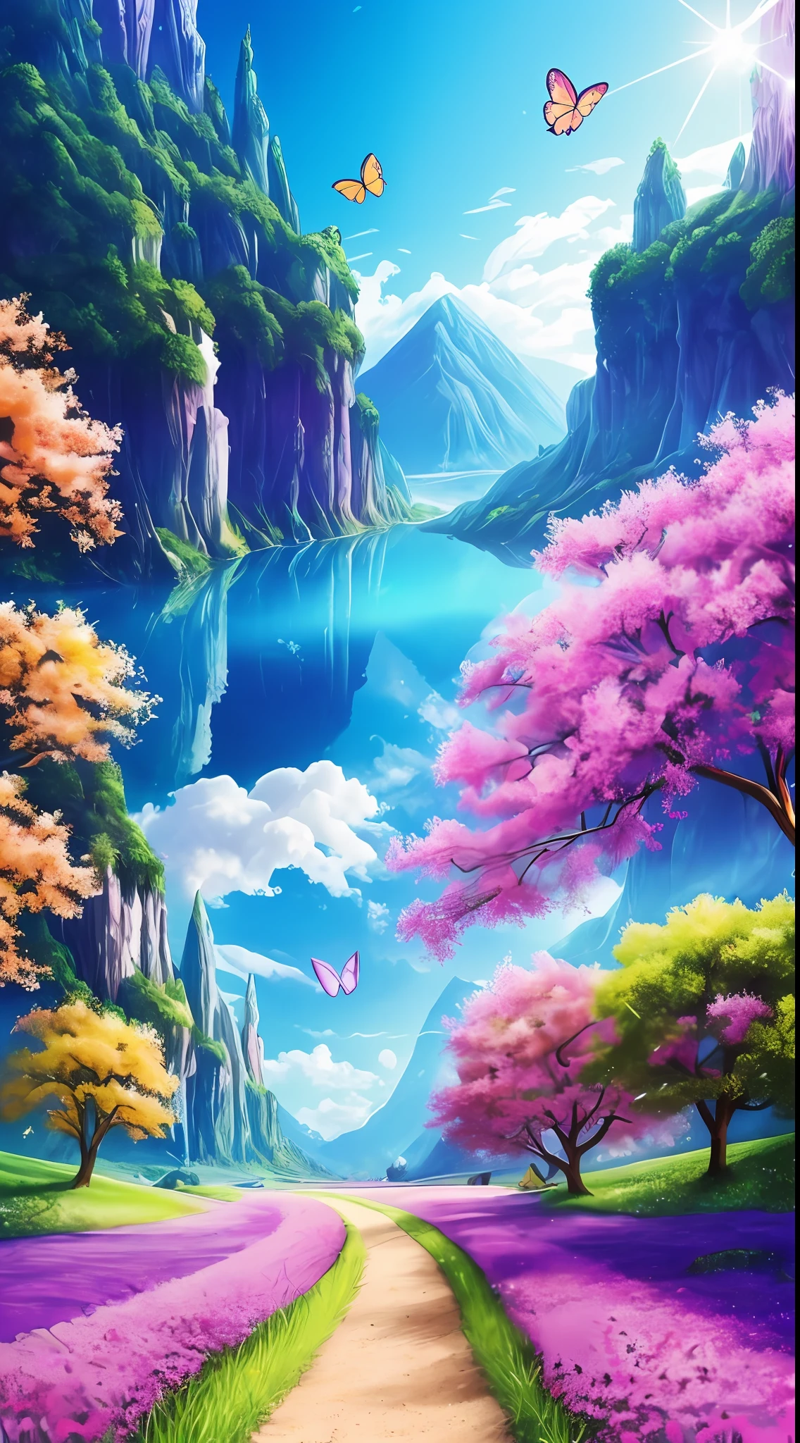 Masterpiece, Extremely detailed Cg Unity 8K wallpaper, Masterpiece, Best quality, High quality, Extremely detailed Cg Unity 8K wallpaper, A colorful one、Pure fantasy environment,vibrant with colors,The sky is bright, Grassy landscape, Colorful trees, Sparkling fruit, and bright blue flowers. The stream is a shade of dark blue, The air is filled with a sweet exotic scent. The environment seemed to disappear from the dream, Glowing butterflies and colorful giant birds fly around, award winning photography, Bokeh, Depth of field, hdr, full bloom, color difference ,Photorealistic,Extremely detailed, trending on artstationh, trending on CGSociety, Intricate, High detail, Dramatic, art by midjourney