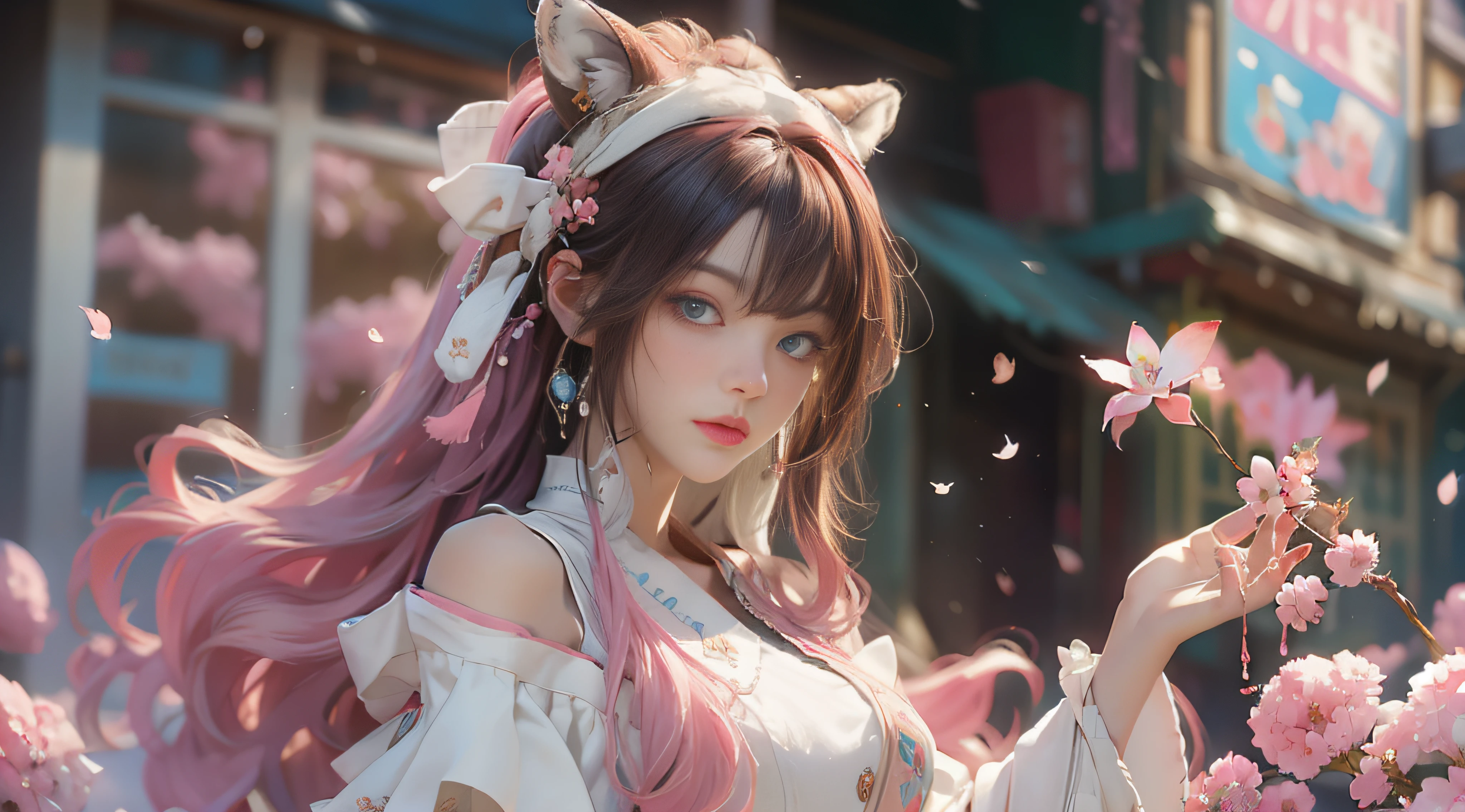 （（best qualtiy））， （（tmasterpiece））， （detail：1.4）， Beautiful cyberpunk female images，hdr（HighDynamicRange），Ray traching，NVIDIA RTX，Hyper-Resolution，illusory 5，sub surface scattering，PBR textures，post-proces，Anisotropy Filtering，depth of fields，maximum definition and sharpness，Many-Layer Textures，Albedo e mapas Speculares，Surface coloring，Mitsu-Accurate simulation of material interactions，perfectly proportioned，rendering by octane，Two-colored light，largeaperture，Low ISO，White balance，Rule three points、8K raw data、Beautiful bright blue pupils，off-the-shoulder clothes，Fine pupils，Delicate face and eyes，long eyelasher，Blushlush，Delicate and fluffy hair，pink lip，Pure，Cute face，Sweet girl，Artistic sense，Casual wear，Advancedsense，butterflys，Cherry blossom petal，Beautiful hair accessories，Long hair and waist，Hair fluttering in the wind，Snow-white fox ears，curlies，Lots of white and pink，Complicated details