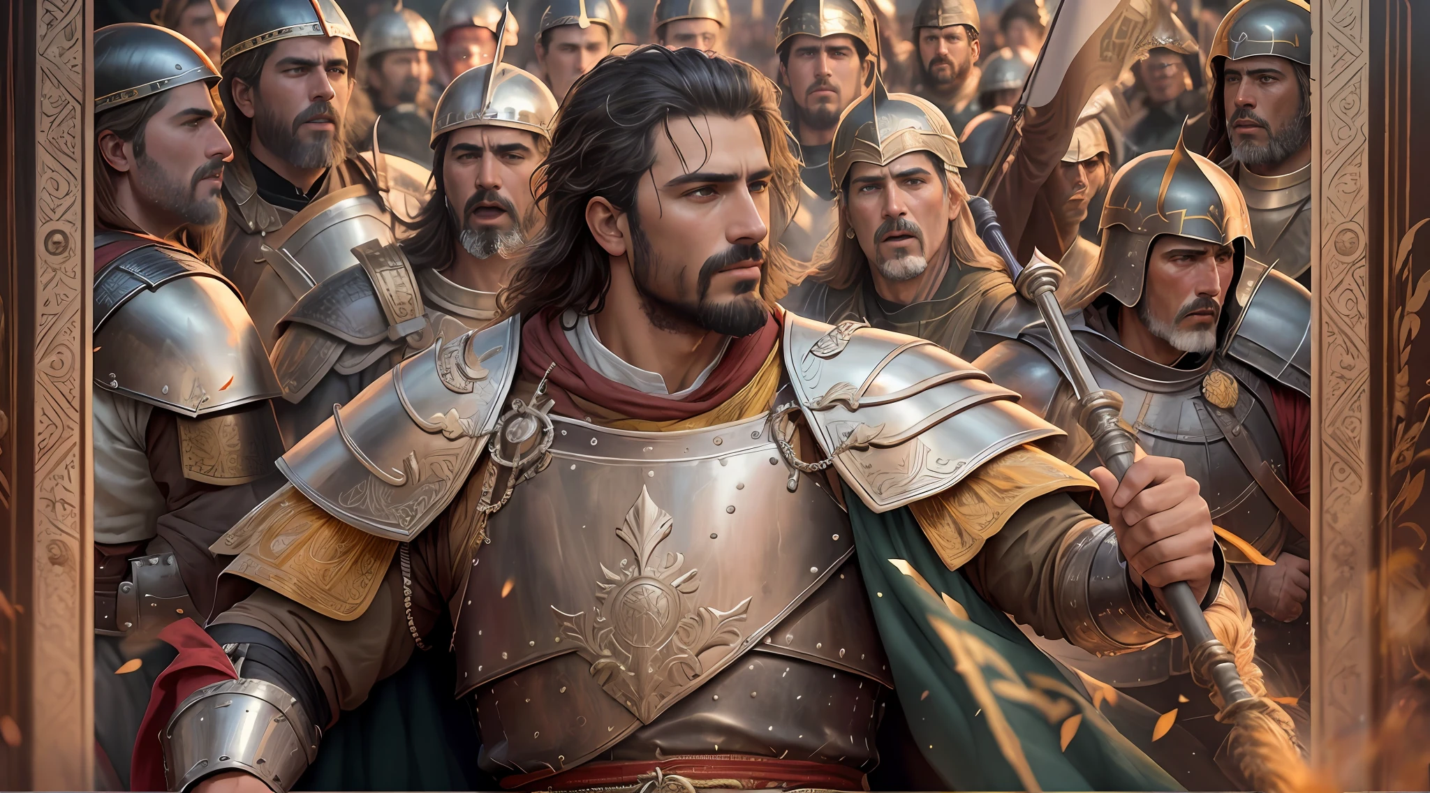 "An epic depiction of Rodrigo Díaz de Vivar, also known as El Cid, leading the brave people of Valencia in a battle for honor and freedom.", , extremely detailed faces, a vibrant cinematic photorealistic, 12k, high definetion , high resolution, ultra high quality, ultra sharp focus, extremely realistic, cinematic shots