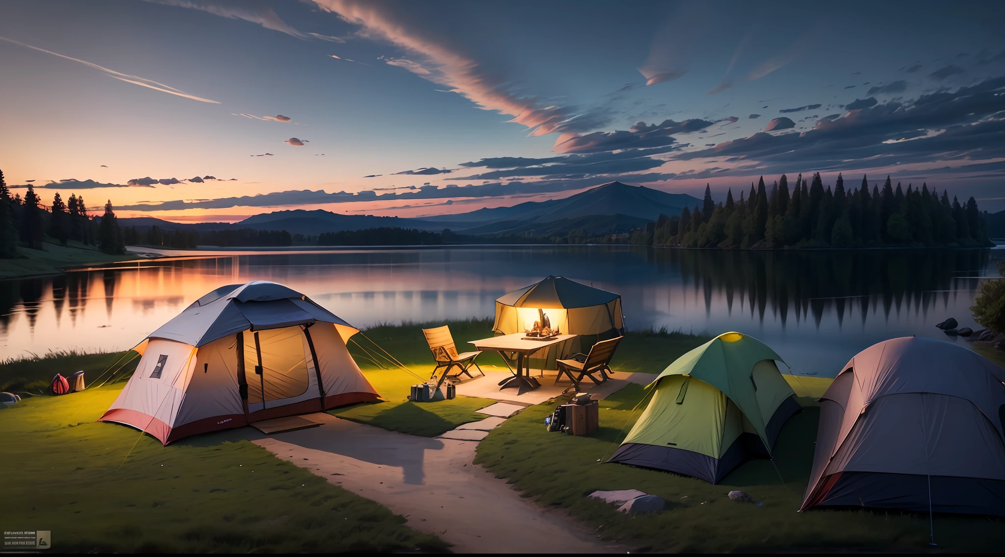 Glamping, Detailed Wide Angle Shot, Panorama Shot, Lakeside Tent, Chairs and Table Setting, Summer Dusk Background, Camp Area Setting, Wide Angle Panorama Shoot, EOS 5D Mark IV Shoot, Summer Lake Zone Setting, Surroundings including Lake and Yard.