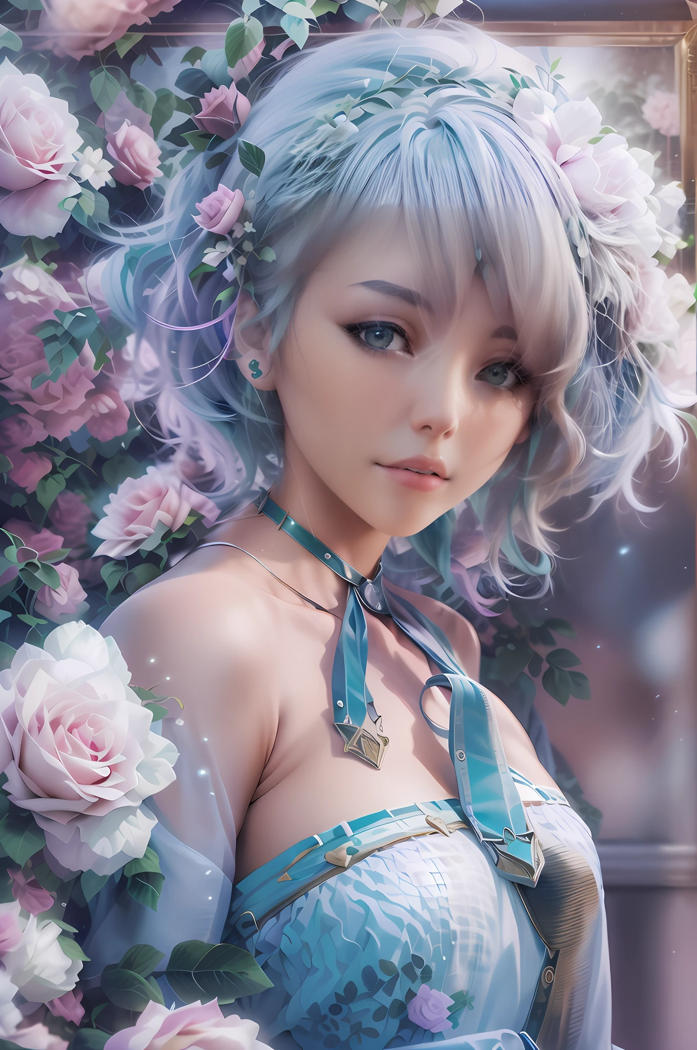 cool、urbane、art deco、Photographic portrait of beautiful women, Sony α7, 35mm Lens, f1.8、((Konmutsuki_gacha_series1, punk_rosette))), cute girl, aqua color flowers, (full body), elegant flowers background, realistic photo, beautiful woman, Beautiful girl, beautiful background, charming girls, realistic 3d style, photo realistic render