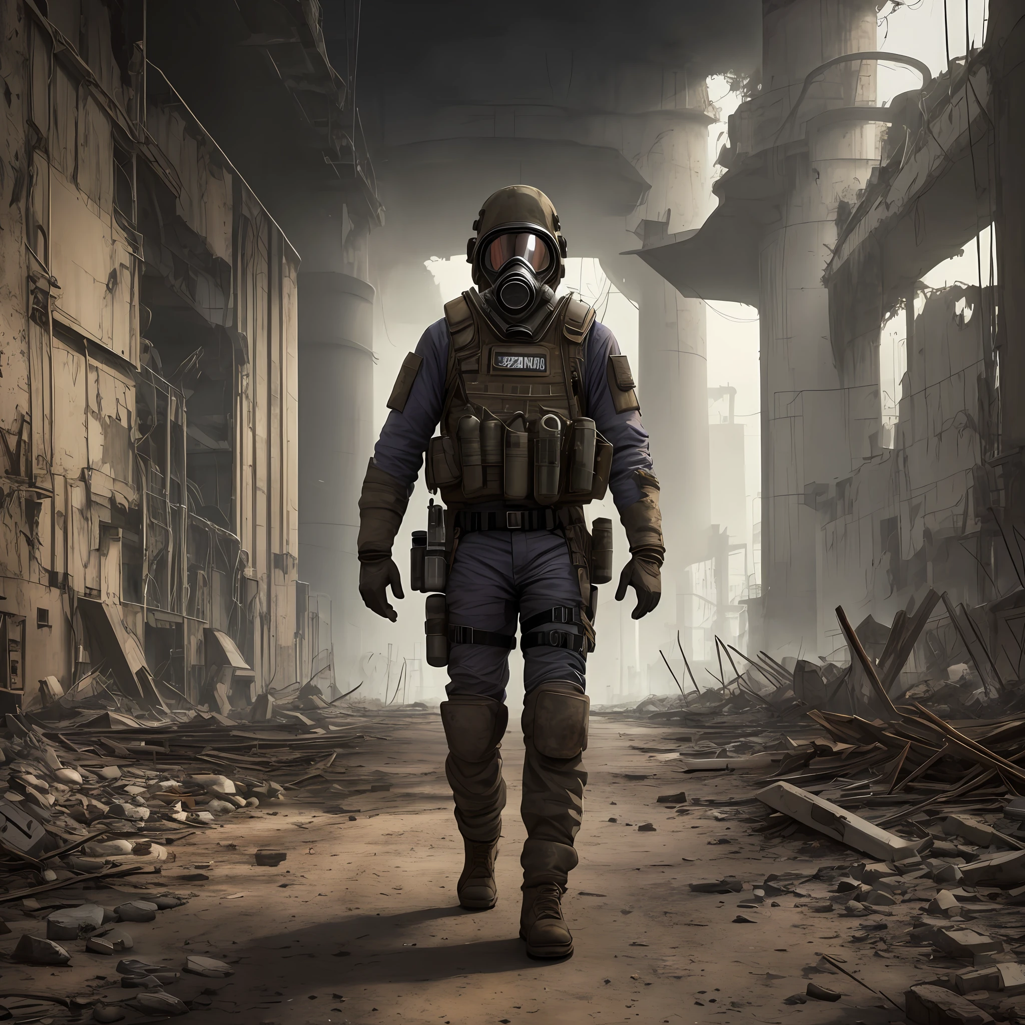 full shot, one male raider in a protective suit and gas mask walks through the ruins of a nuclear power plant, front camera view, high detail, clear focus, dramatic light, post-apocalyptic atmosphere, hdr, 32k, dslr camera, joe bussenik style -- ar 5:4 --auto --s2