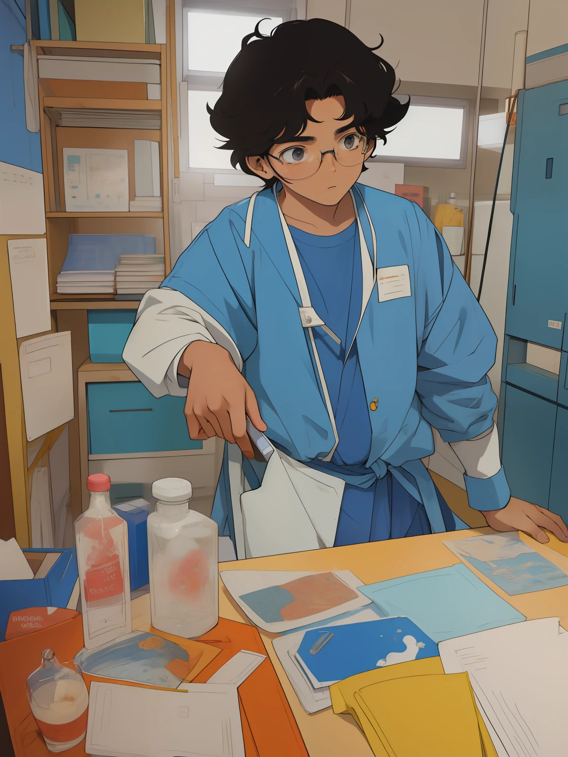 Laboratorio de biologia com cientista de 15 anos estilo anime anos 80 nostalgico