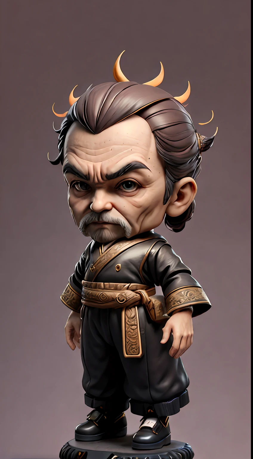 3d character,Mysterious 60-year-old male,(full bodyesbian:1.2),big headed,Stand on a small bench,oriental face,Black eyes,frontage,full-body view,best qualtiy,3 d desenho animado,fanciful,dream magical,ultra-realistic realism,Dark brown tunic,black long pants,Black leather shoes, Trend Art Station, 电影灯光,transparent background,Powerful visuals。