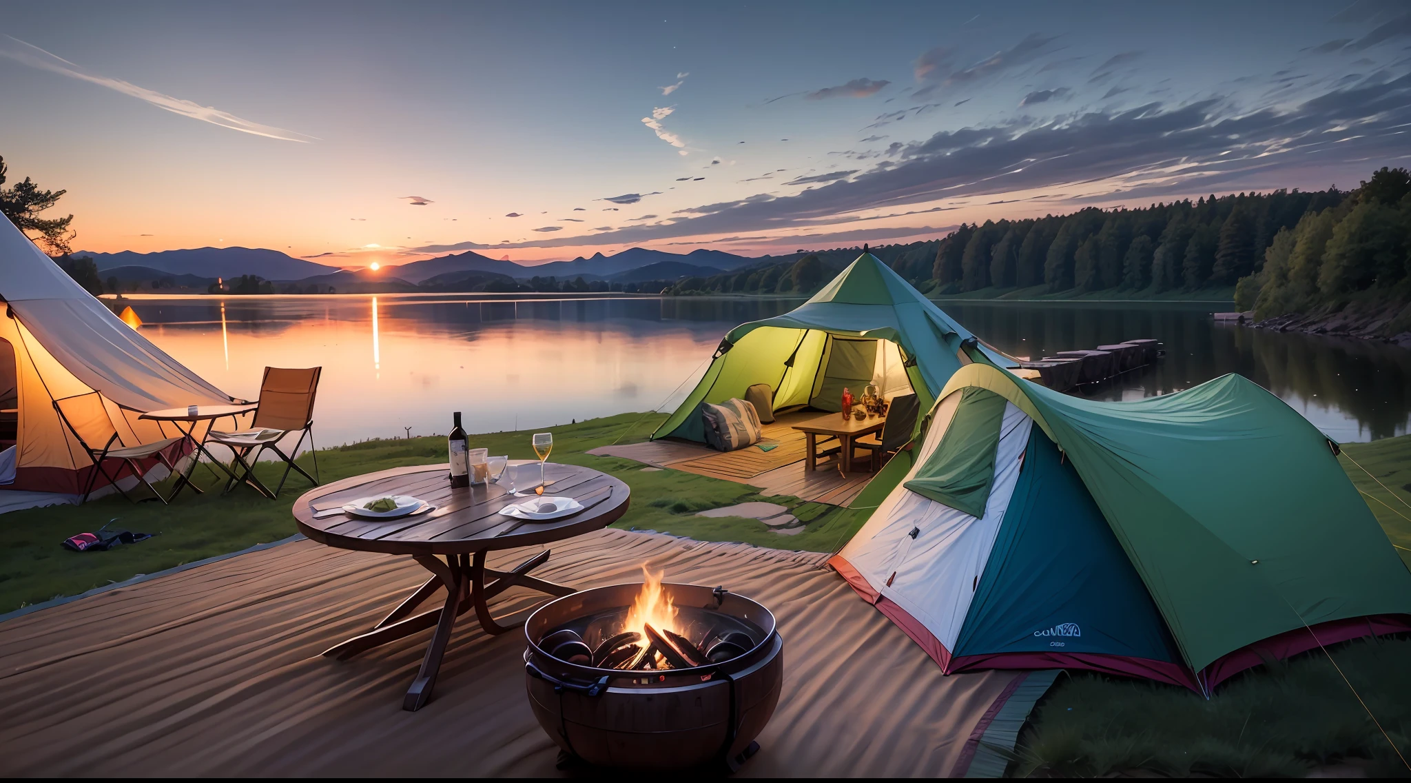 Glamping, Detailed Wide Angle Shot, Panorama Shot, Lakeside Tent, Chairs and Table Setting, Summer Dusk Background, Camp Area Setting, Wide Angle Panorama Shoot, EOS 5D Mark IV Shoot, Summer Lake Zone Setting, Surroundings including Lake and Yard.