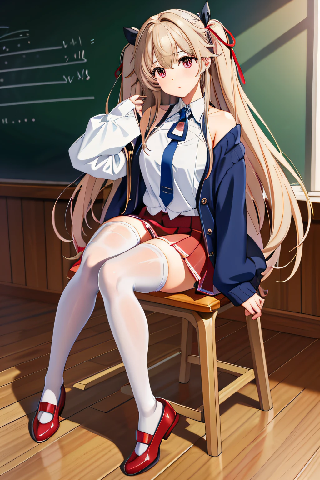 best quality masterpiece, AnchorageV4, 1girl, solo, looking at viewer, skirt, shirt, thighhighs, ribbon, sitting, school uniform, hair ribbon, white shirt, necktie, shoes, white thighhighs, official alternate costume, sleeves past wrists, red skirt, cardigan, desk, classroom, chalkboard, uwabaki, on desk,