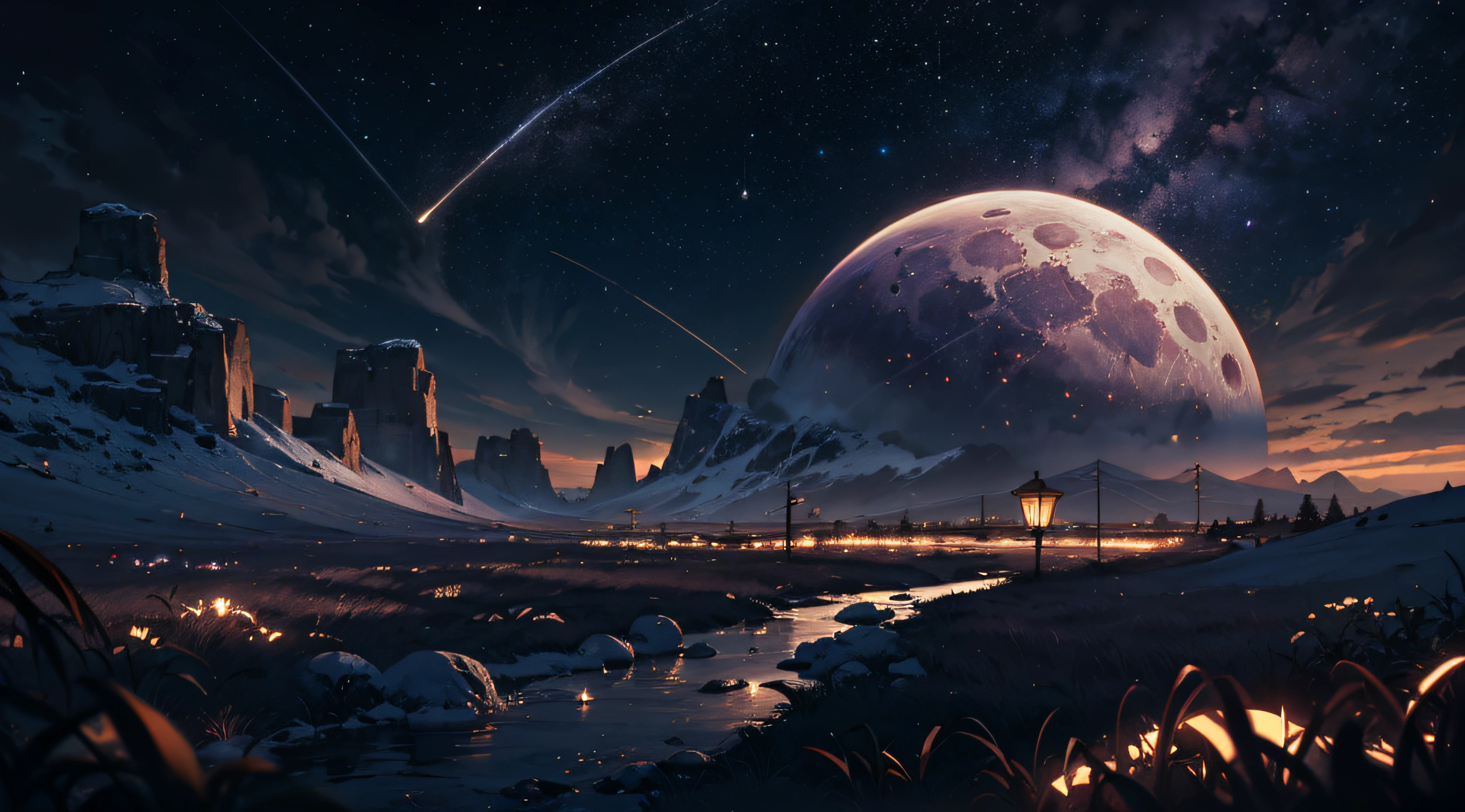 Expansive landscape photograph,(moon full:1.2),(meteors:0.9),(Starcloud:1.3),(Warm light source:1.2),(glowworm:1.2),lamp lights,Lots of purple and orange,Complicated details,Volumetriclighting,Realism BREAK(tmasterpiece:1.2),(best qualtiy),8K,Ultra-detailed,(dynamic compositions:1.4),The is very detailed,Colorful details,(Irridescent color:1.2),(luminouslighting,Atmospheric lighting),dream magical,magical,(独奏:1.2),((best qualtiy)), ((tmasterpiece)), (the detail:1.4),depth of fields,maximum definition and sharpness,perfectly proportions,Fluttering clouds,Wallpapers
