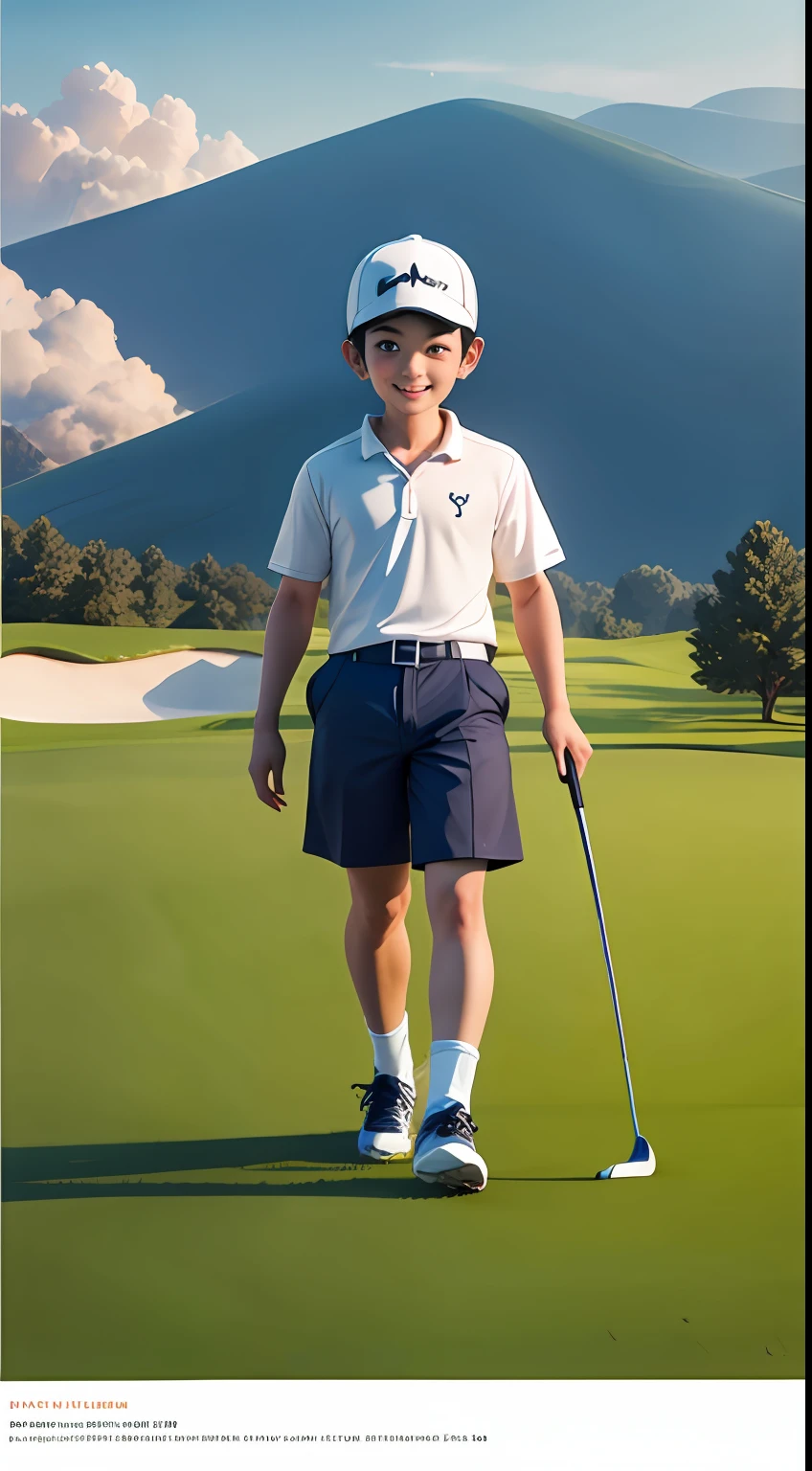 There was an Asian boy holding a golf club, beautiful 3d render, Junior golf, Portrait of a smiling little boy,dressed in a white t-shirt, Cute 3d anime boy rendering, Beautiful and detailed digital art, Explorer male mini cute boy, Stylized 3D rendering, 3D rendering of Zado 8K character art, beautiful digital painting, 3d anime style, Ultra-detailed rendering,Golf course background