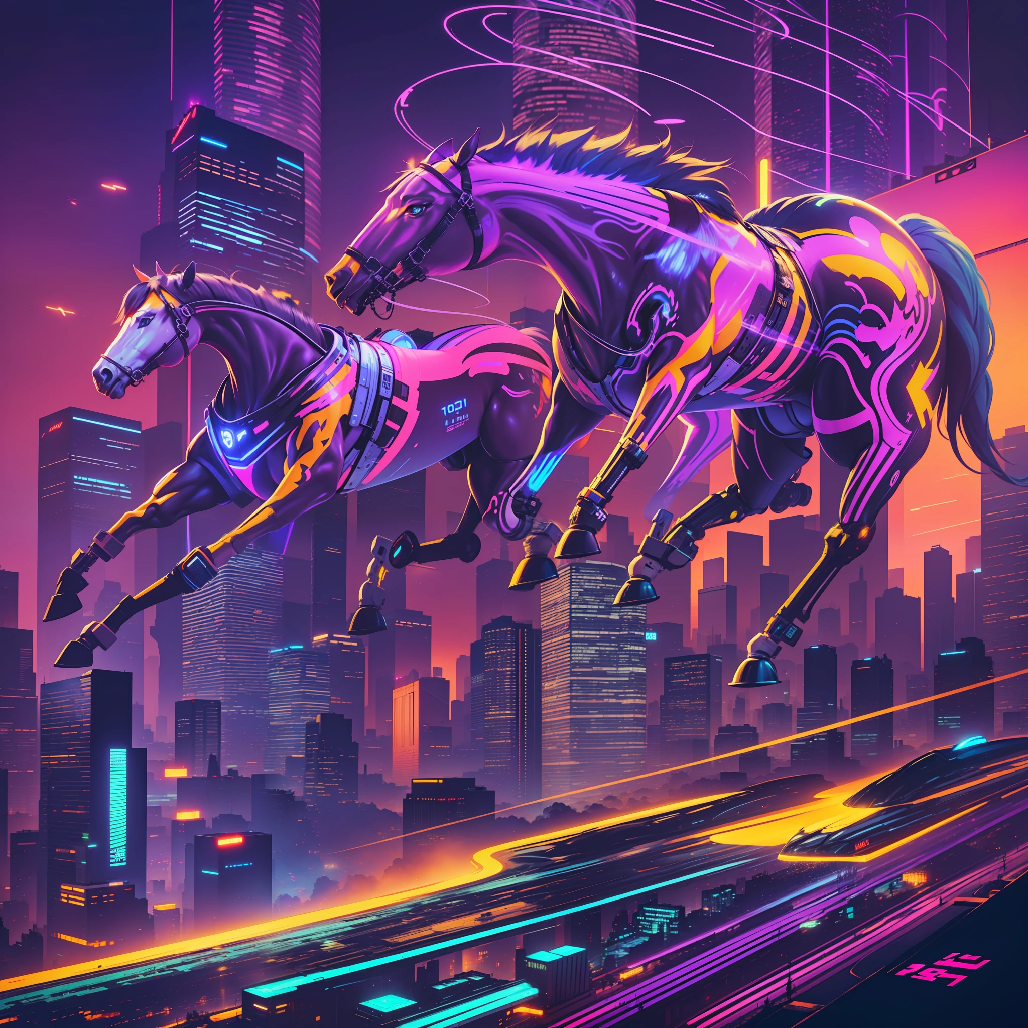 Amongst a futuristic cityscape of gleaming skyscrapers and holographic billboards, cybernetically enhanced horses race on neon-lit hoverboards, leaving streaks of neon trails behind, the air filled with a mixture of excitement and technology, reflecting a cyberpunk utopia, Digital art, vector illustration