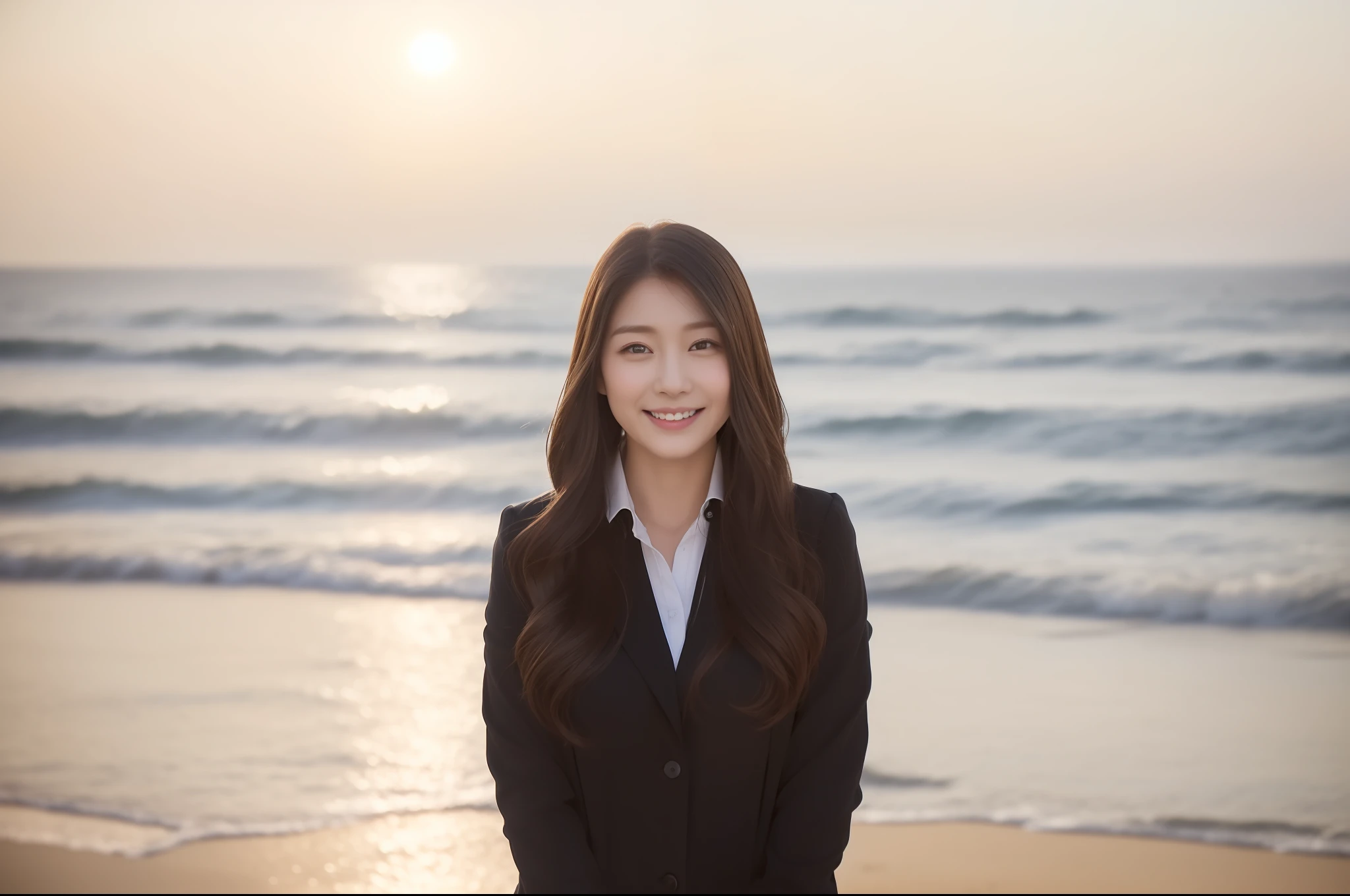 ((top-quality、8K、masterpiece:1.3))、foco nítido:1.2、Perfect Body Beauty:1.4、Slim abs:1.2、((Dark brown long hair、Colossal tits:1.2))、(natural soft light、Seaside street corner:1.2)、Highly detailed facial and skin texture、A detailed eye、(二重まぶた)、(((dynamic ungle))),Seaside street corner、Silver thin necklace、drooing eyes、Smiling、White blouses、White button shirt、Gentle expression、Beautie、Wavy Hair、Symbol of the Japan gal、Light makeup
