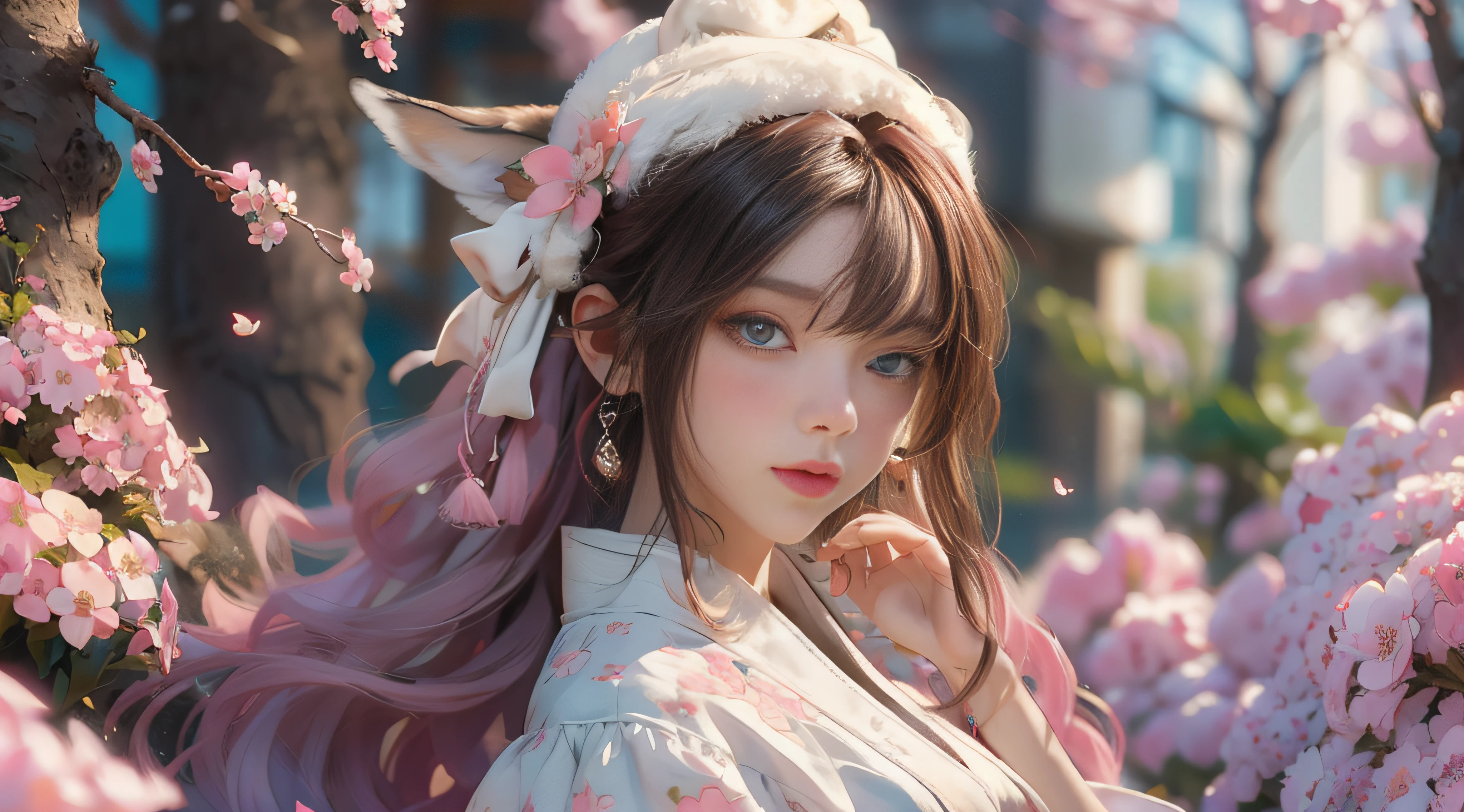 ((best qualtiy)), ((tmasterpiece)), (detail:1.4), Beautiful cyberpunk female images,hdr(HighDynamicRange),Ray traching,NVIDIA RTX,Hyper-Resolution,illusory 5,sub surface scattering,PBR textures,post-proces,Anisotropy Filtering,depth of fields,maximum definition and sharpness,Many-Layer Textures,Albedo e mapas Speculares,Surface coloring,Mitsu-Accurate simulation of material interactions,perfectly proportioned,rendering by octane,Two-colored light,largeaperture,Low ISO,White balance,Rule three points、8K raw data、Beautiful bright blue pupils,off-the-shoulder clothes,Fine pupils,Delicate face and eyes,long eyelasher,Blushlush,Delicate and fluffy hair,pink lip,Pure,Cute face,Sweet girl,Artistic sense,Casual wear,Advancedsense,butterflys,Cherry blossom petal,Beautiful hair accessories,Long hair and waist,Hair fluttering in the wind,Snow-white fox ears,curlies,Lots of white and pink,Complicated details