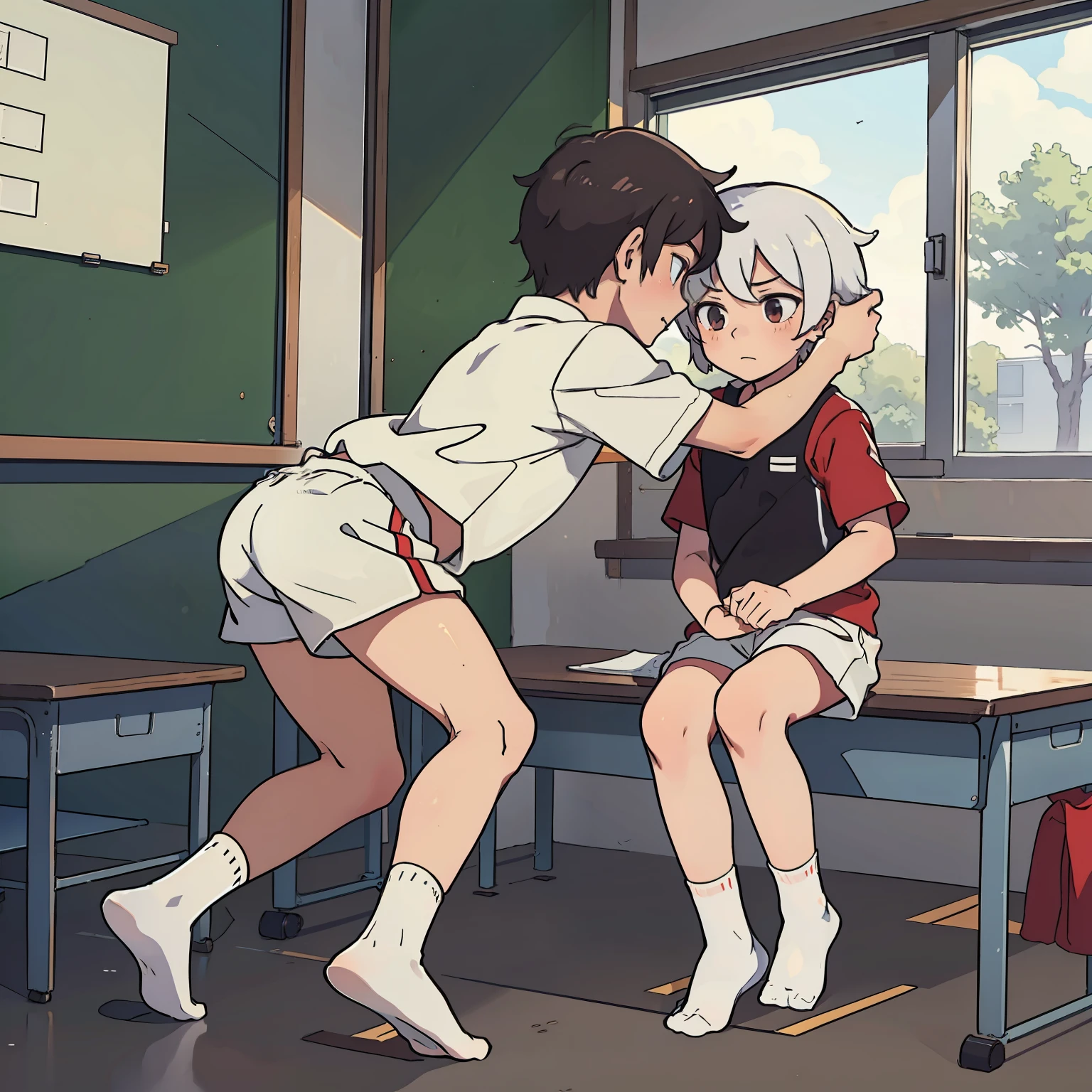 Shota, 2guys,without wearing shoes, White socks, Sports wear(rot, blanche), Classroom, hugs, tmasterpiece, k hd
