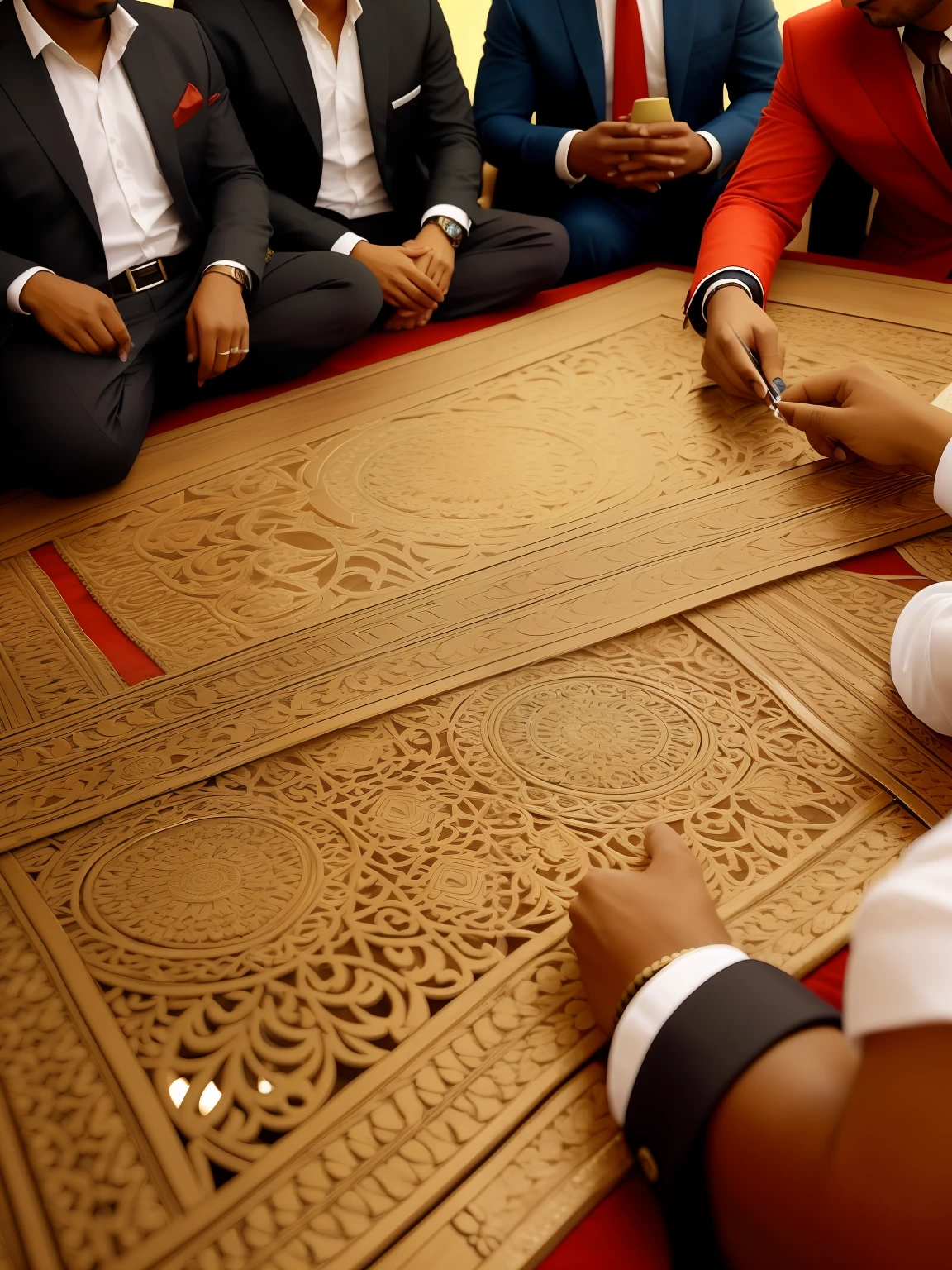 Group of Indian peoples sitting together on a table, ( wearing business casuals), (intricate details), hdr, (intricate details, hyperdetailed:1.2), cinematic shot, vignette, centered