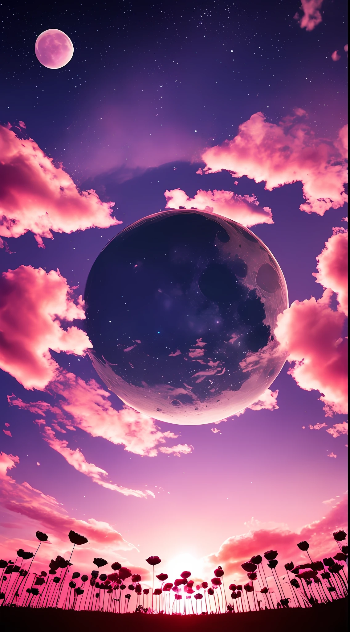 Pink moon, pink sky, soft pink clouds, pink ocean waves sparkling, sparkling, pink roses on pink ocean, fantasy, diamond, crown, universe, soft lights,