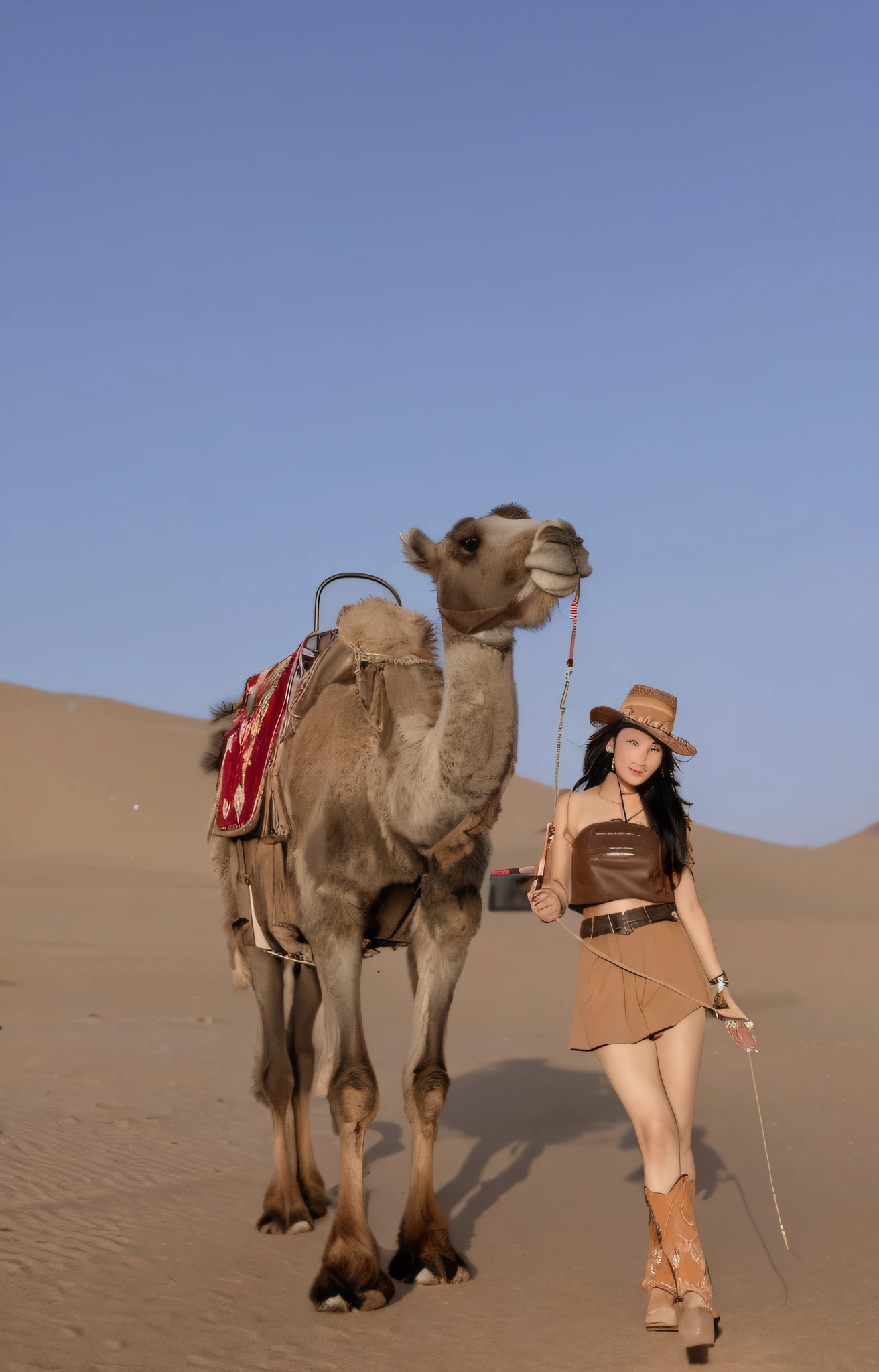 Woman walking with camels in the desert with saddle, standing next to a camel, Riding a camel, in a desert, in a desert, film Silk Road landscape, at the desert, in the desert, In the middle of the desert, camelstoe, Desert nomads, On the desert, walking in a desert, wandering the desert landscape