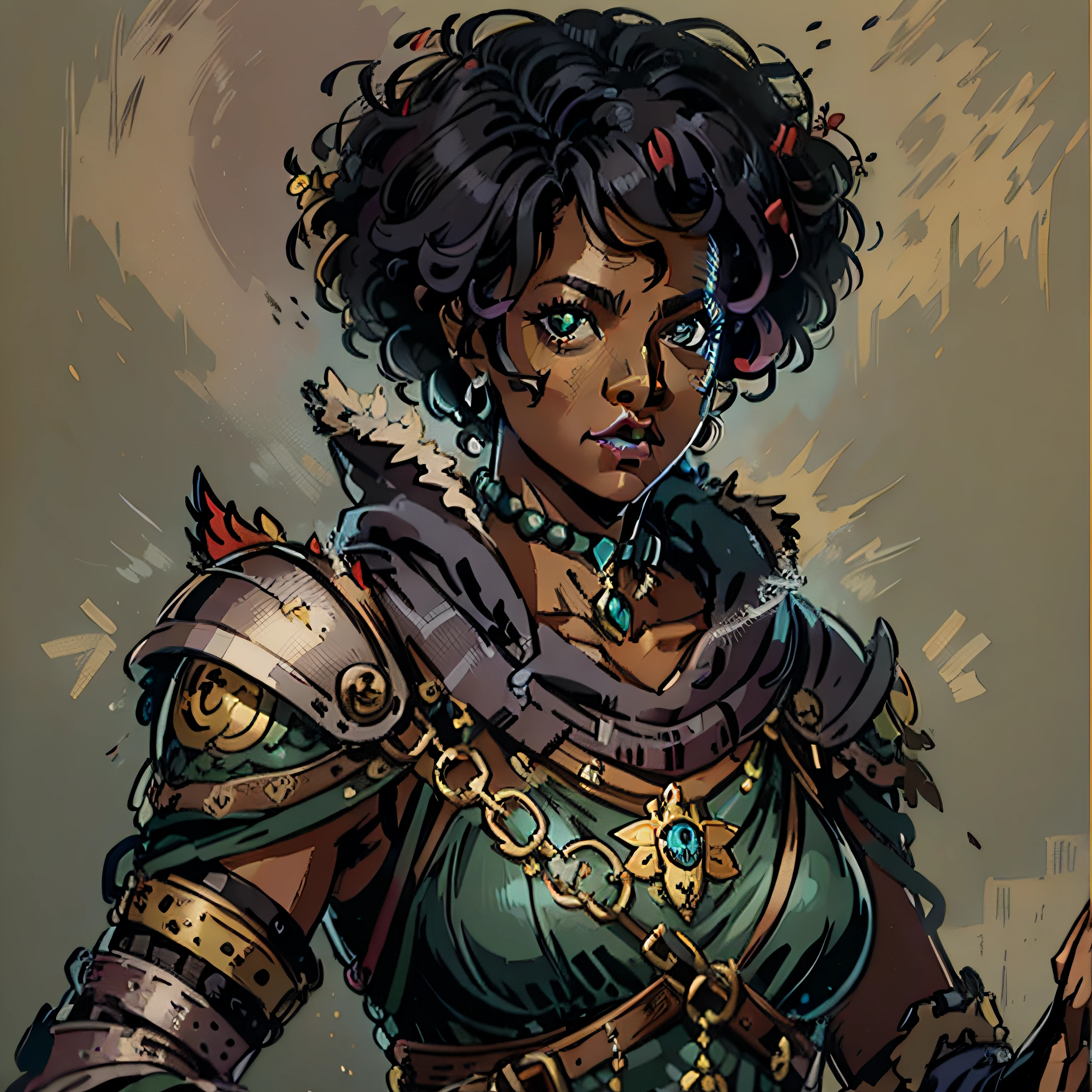 viola davis look a like, monster hunter, rpg character, medieval fantasy, close up portrait, sexy, female, black power hair