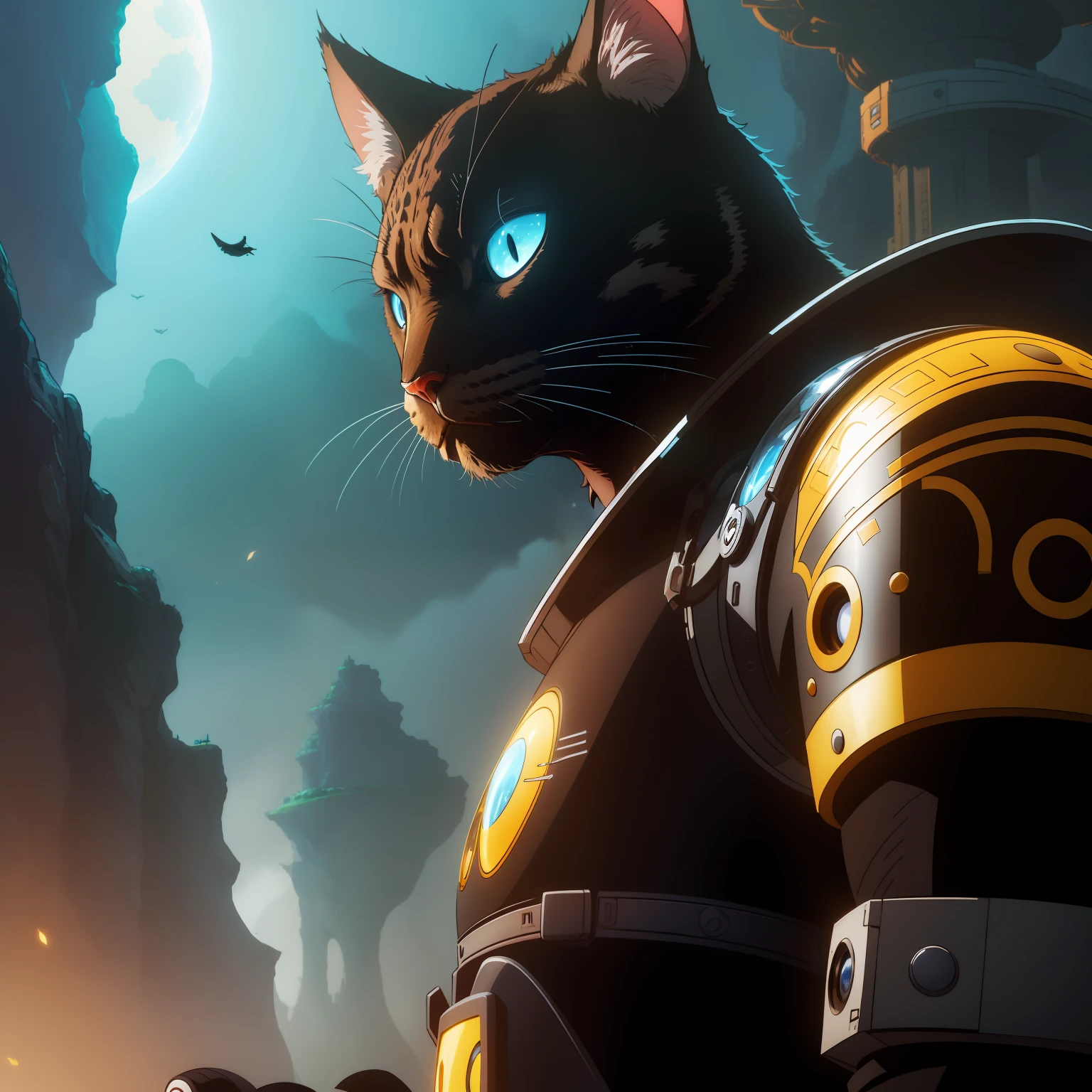 Fantastic background、with a melancholy expression、Full of sci-fi elements、The graphics are great、The protagonist is a male cat,male people,The face is slightly sideways to face the screen,Rounded head,Can be cute love