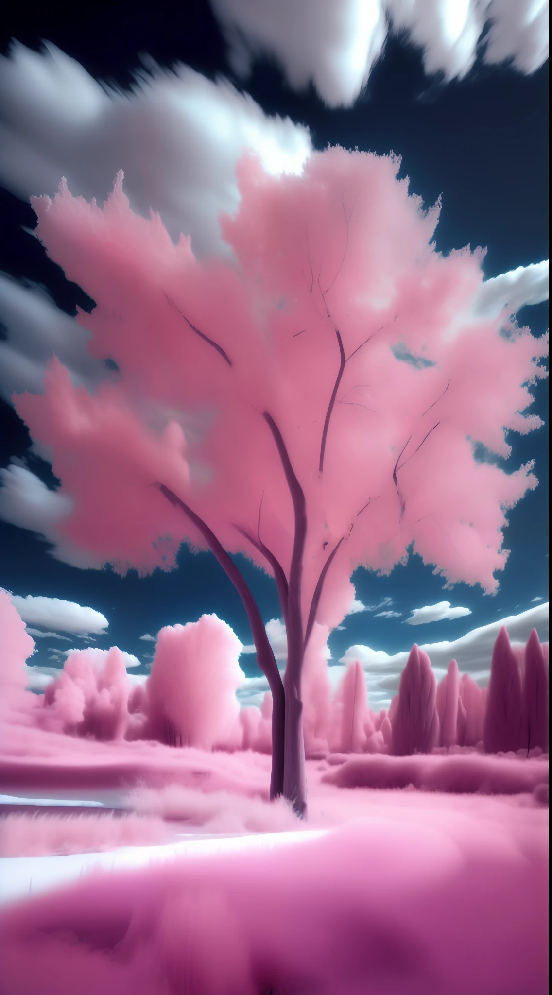 beautiful infrared landscape with trees and clouds