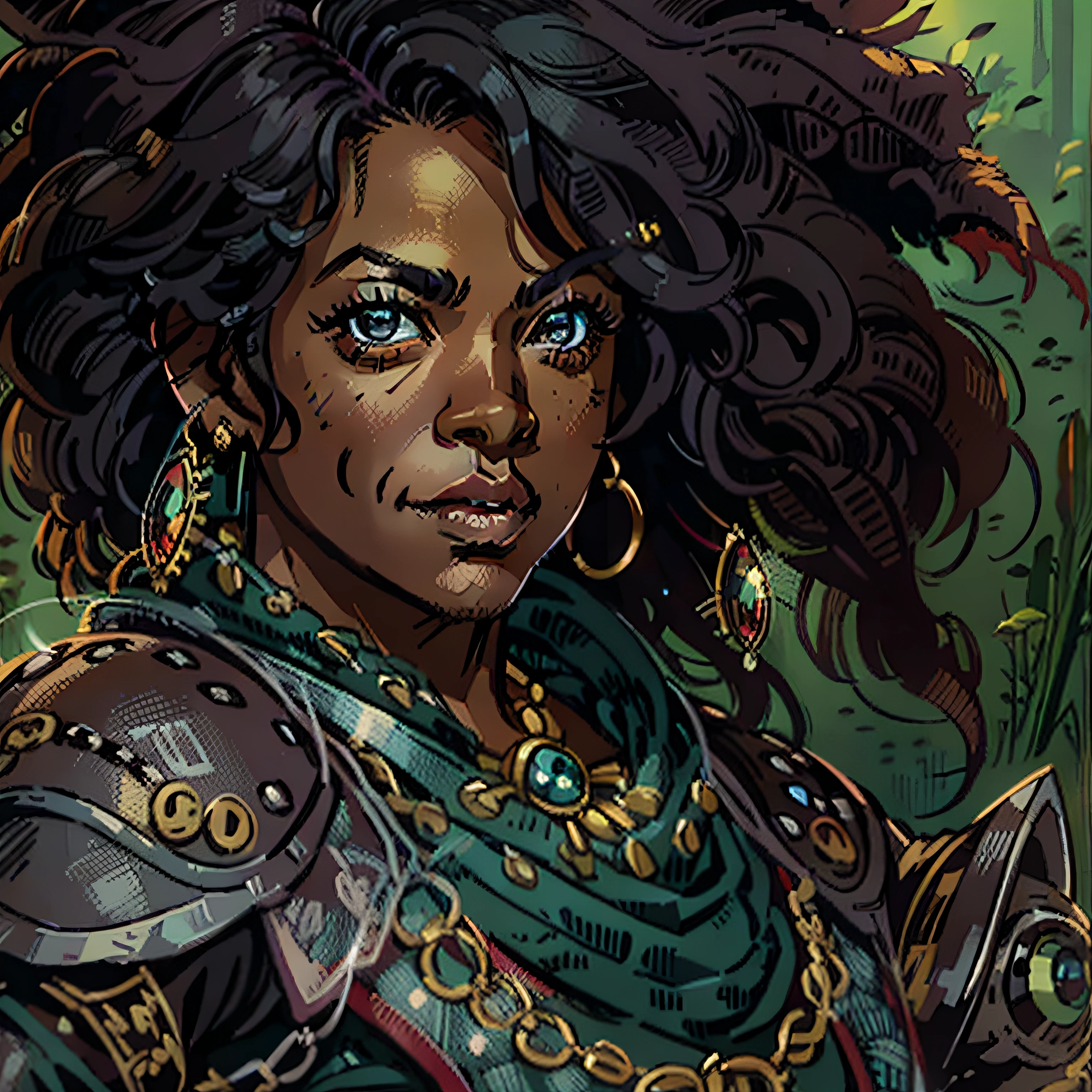 viola davis look a like, monster hunter, rpg character, medieval fantasy, close up portrait, sexy, female, black power hair