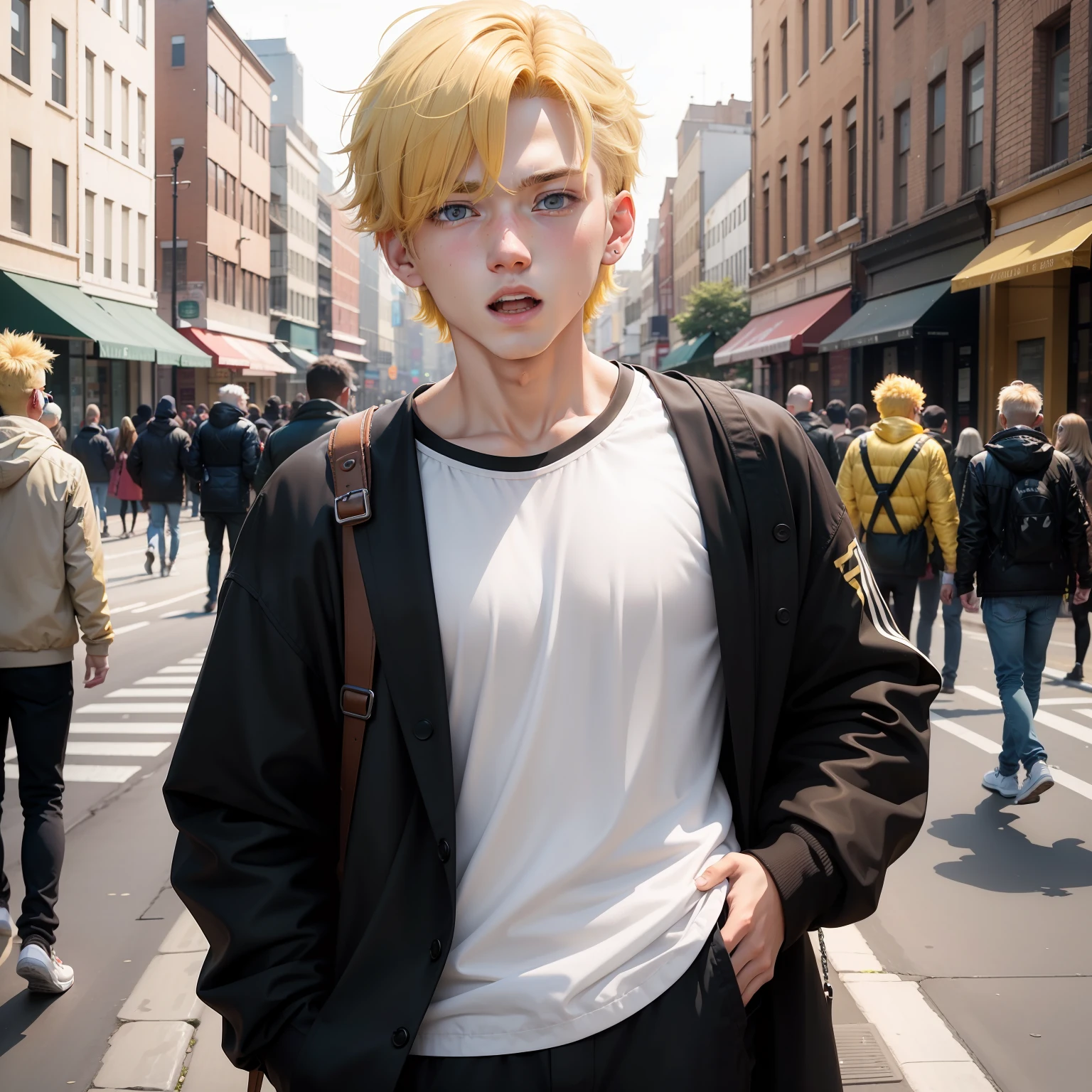 (A 20-year-old boy),(A yellow-haired),Face the lens,On the street,(Yells)