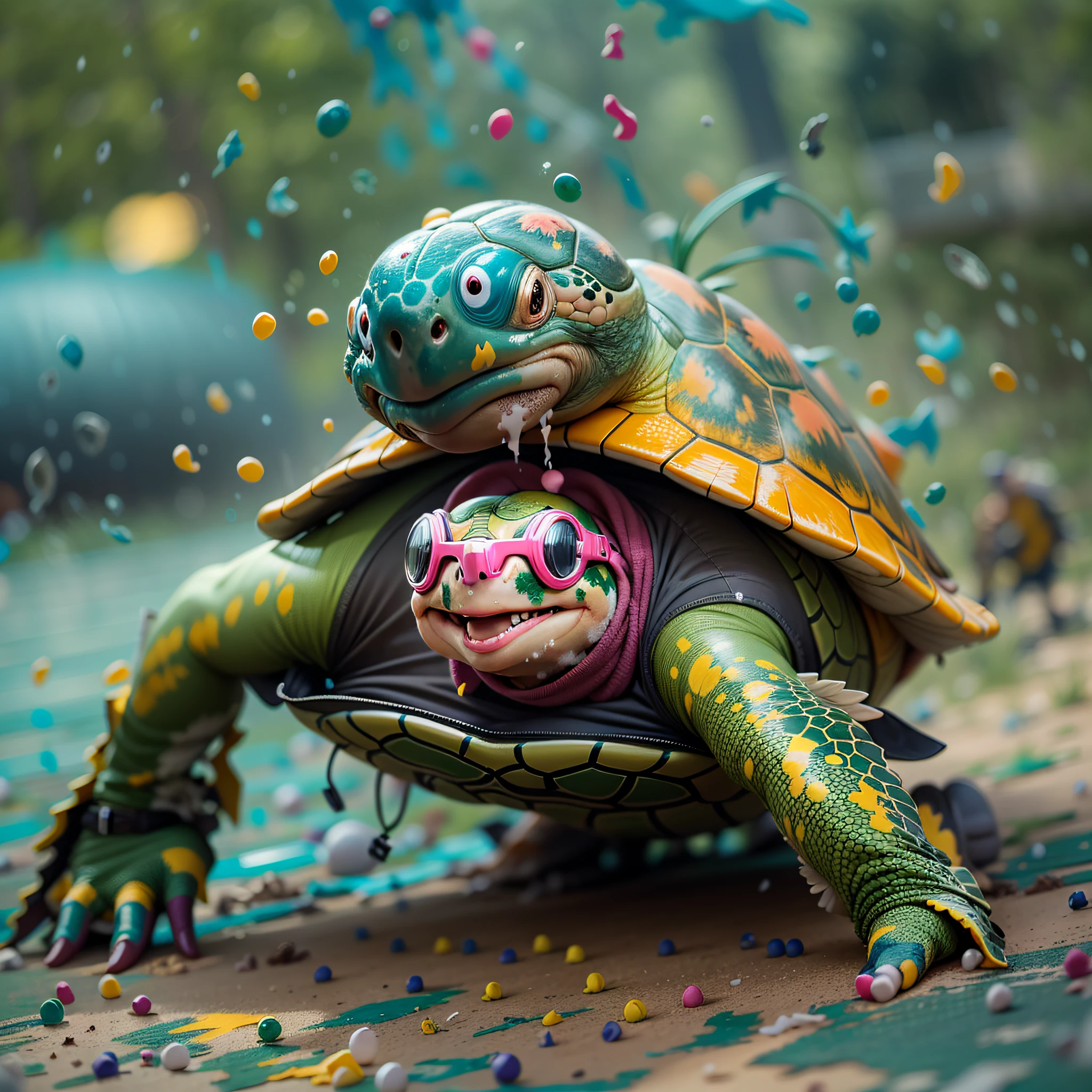 A playful scene of a turtle playing paintball, wearing a tiny protective vest and goggles, brightly colored splattered paint on its shell, a mischievous grin on its face, surrounded by vibrant paintball splatters in mid-air, Photography, macro lens, f/2.8 aperture,