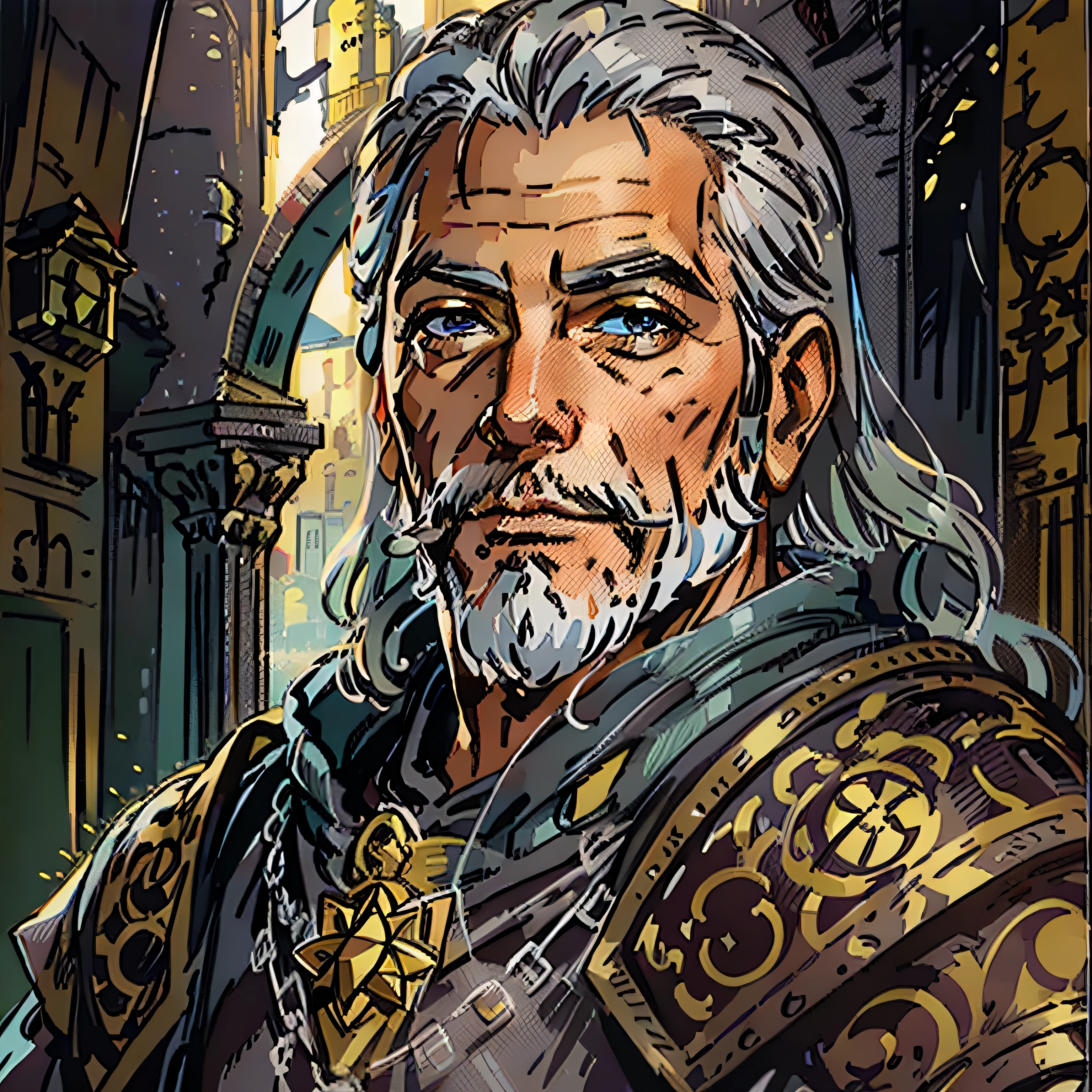 george clooney look a like, lord politian, rpg character, medieval fantasy, close up portrait, male