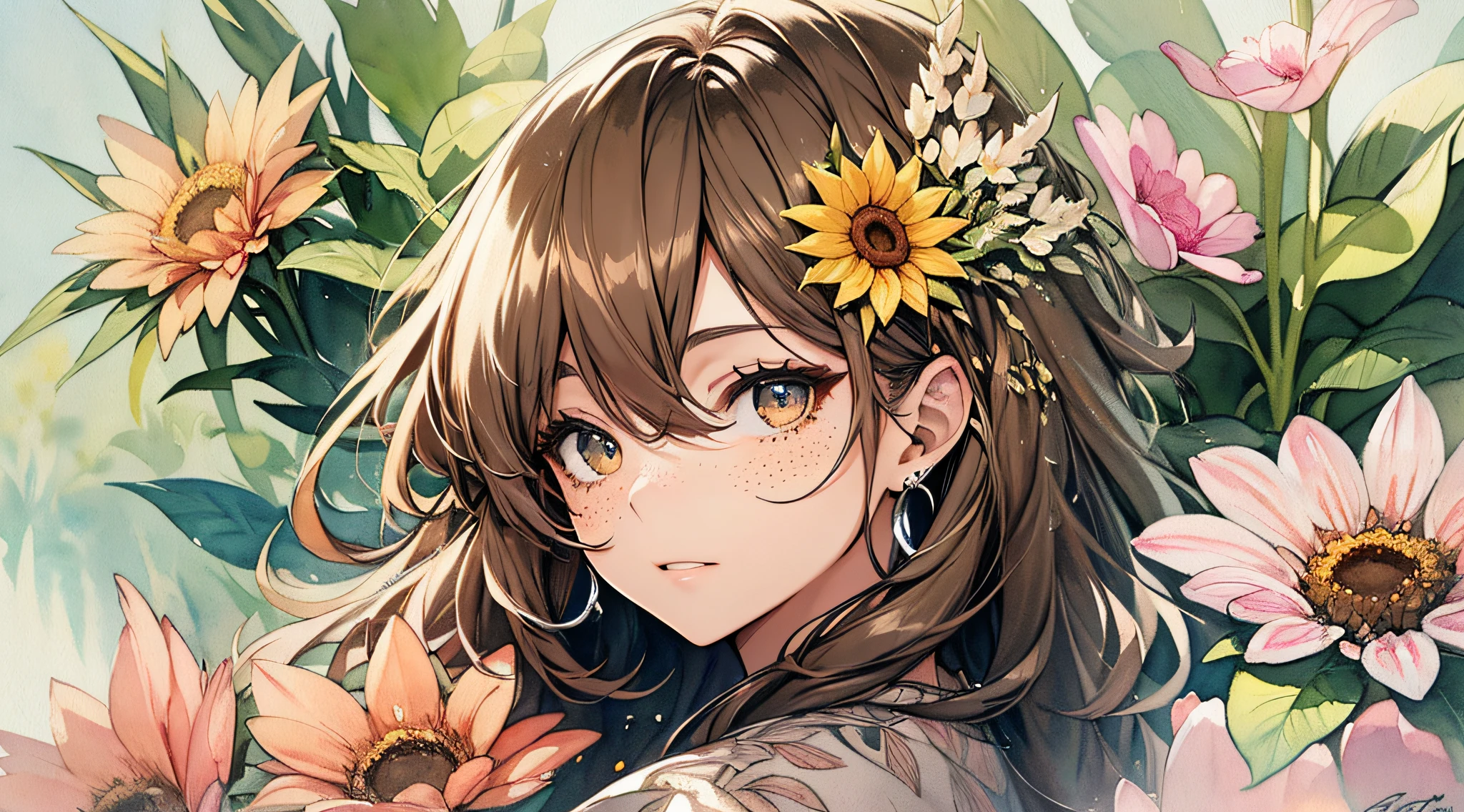 (aquarelle:1.2),1girl in, 独奏, florals, Sun flower,hitornfreckles, portraitures, fronds, bangss, signed, yellow flower, brown haired, length hair, verd s eyes, hair between eye, Flower earrings, Seen from the side, spreading hands, The upper part of the body
