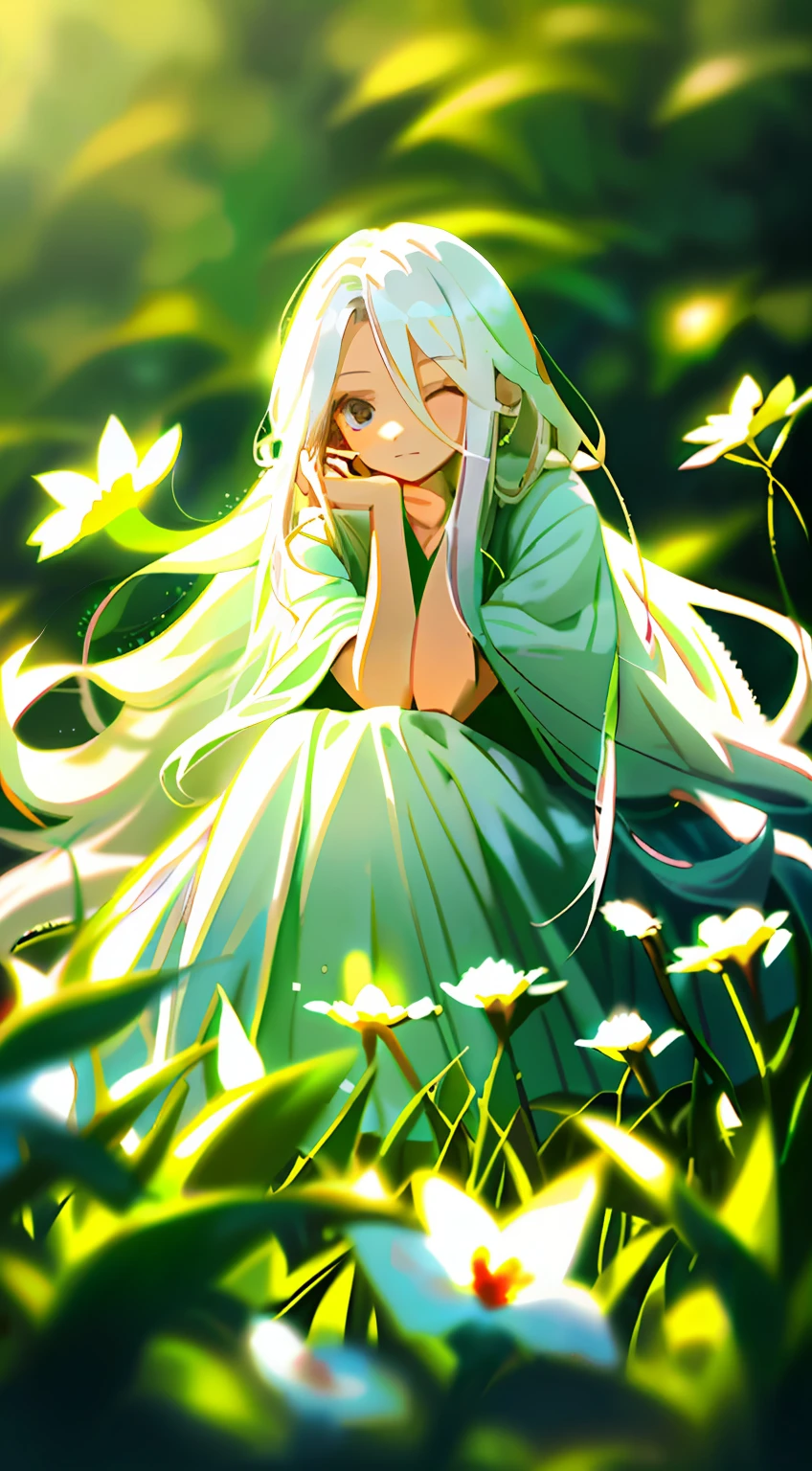 (tmasterpiece,best qualtiy),1 girl with long white hair sitting in a field of greenery and flowers,her hand under her chin,warmly lit,white dresses,Blurred foreground,Hand detail paintings do not overlap、Do not twist