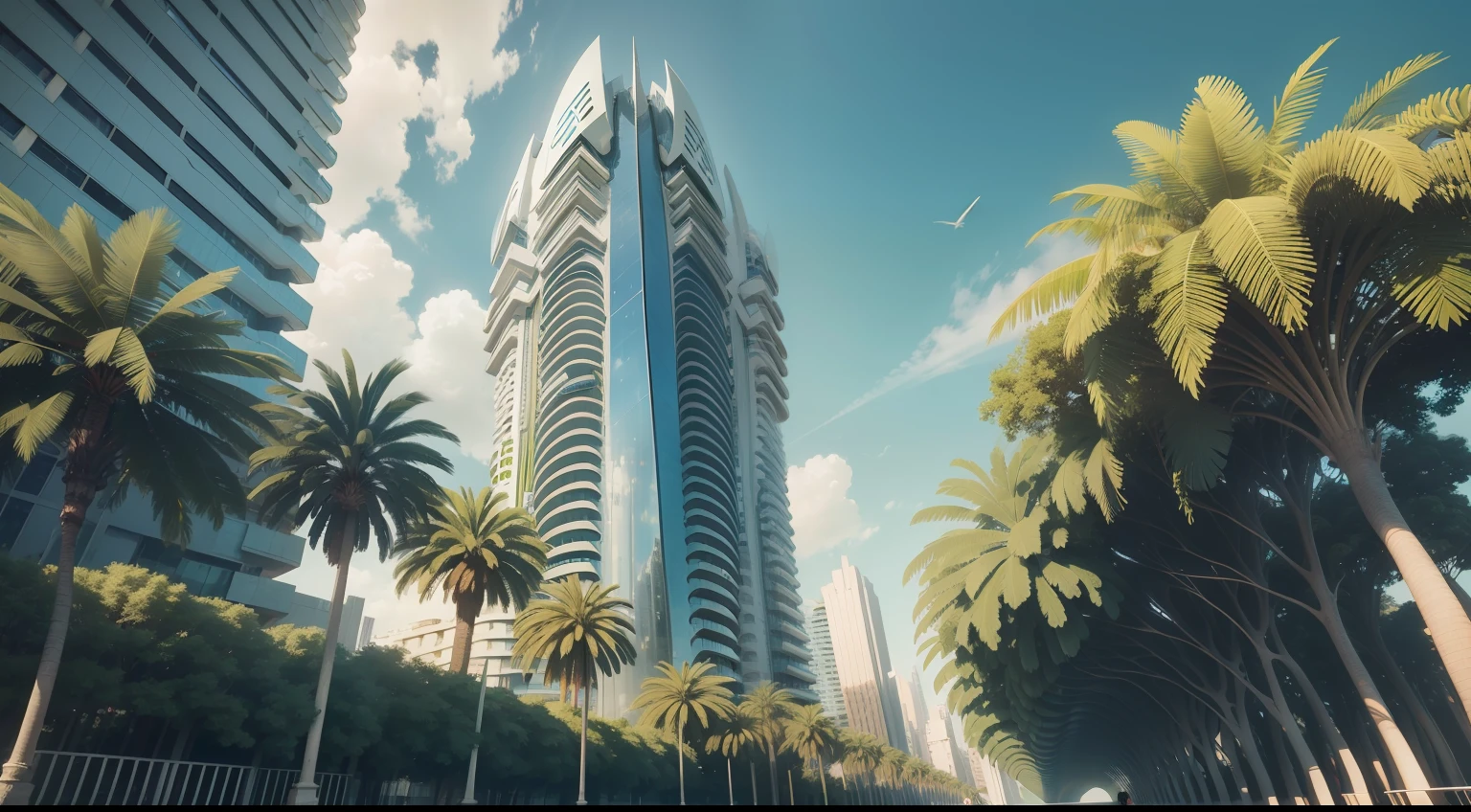 Futuristic architecture, arquitectura premiada, skyscraper architectureCity, Photographic style, rendering, Alameda de plane trees, Highly detailed dream building in the architectural styles of Oscar Niemeyer and Ernst Haeckel :: Arquiteturacore :: High contrast wide avenue in front full of trees, palmeiras, dwarf palms,high saturated