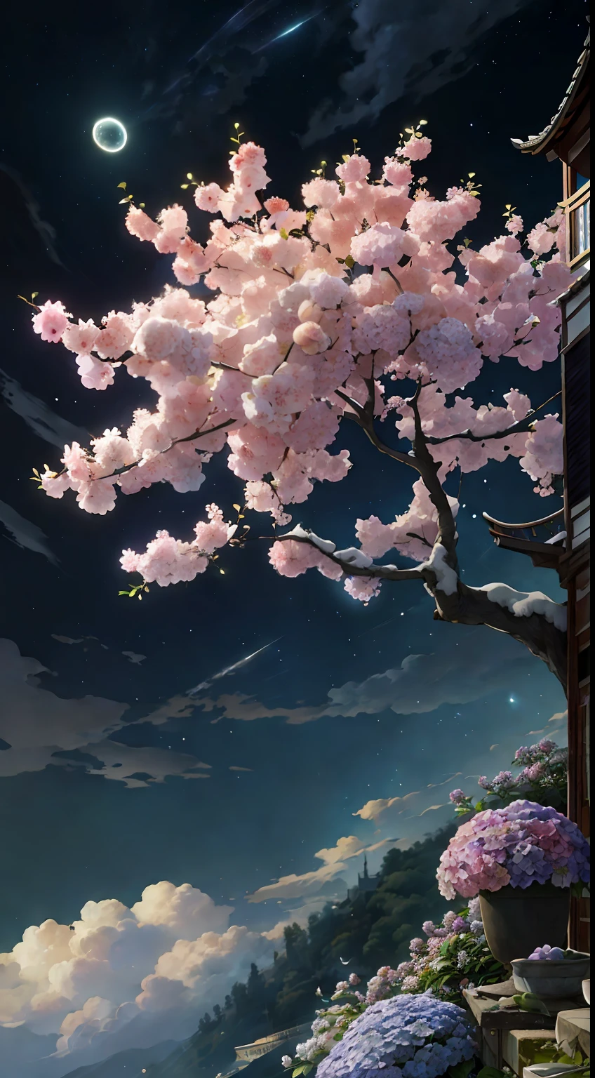 paint (strokes)+, atmosphere, intricate, clouds, aspect ratio 1:1, raytracing, Bokeh, smooth, (colorful), (detailed complex busy background: 0.8), hydrangea, repair drones, (night:1.4), Sharp Eyeliner, intricate details, hand on Chinese sword, beautiful, flat illustration, scenery, detail love, (ultra-detailed), day, photon mapping, ((intricate details)), ship wake, (The Peach Tree), crowd,