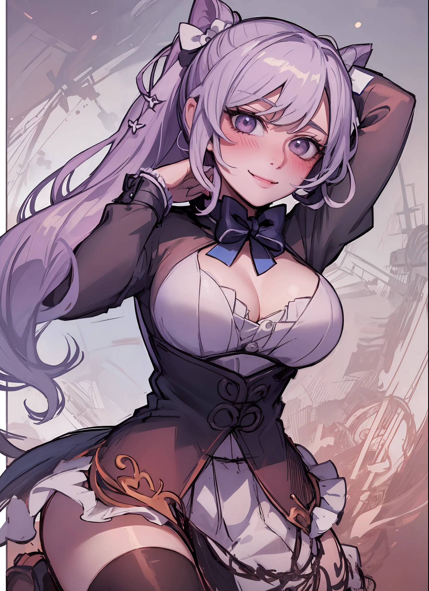 (masterpiece, best quality:1.2), (solo), (1girl), best quality, (photorealistic:1.4),ultra detailed, solo, (full body:1.5), looking at viewer, cave, arms up, keqing (genshin impact), love in eyes, double ponytail, bow hairpins, blushing, smug, smile, drooling, rolling eyes, white bow tie, maid outfit, long sleeves, miniskirt, large breasts