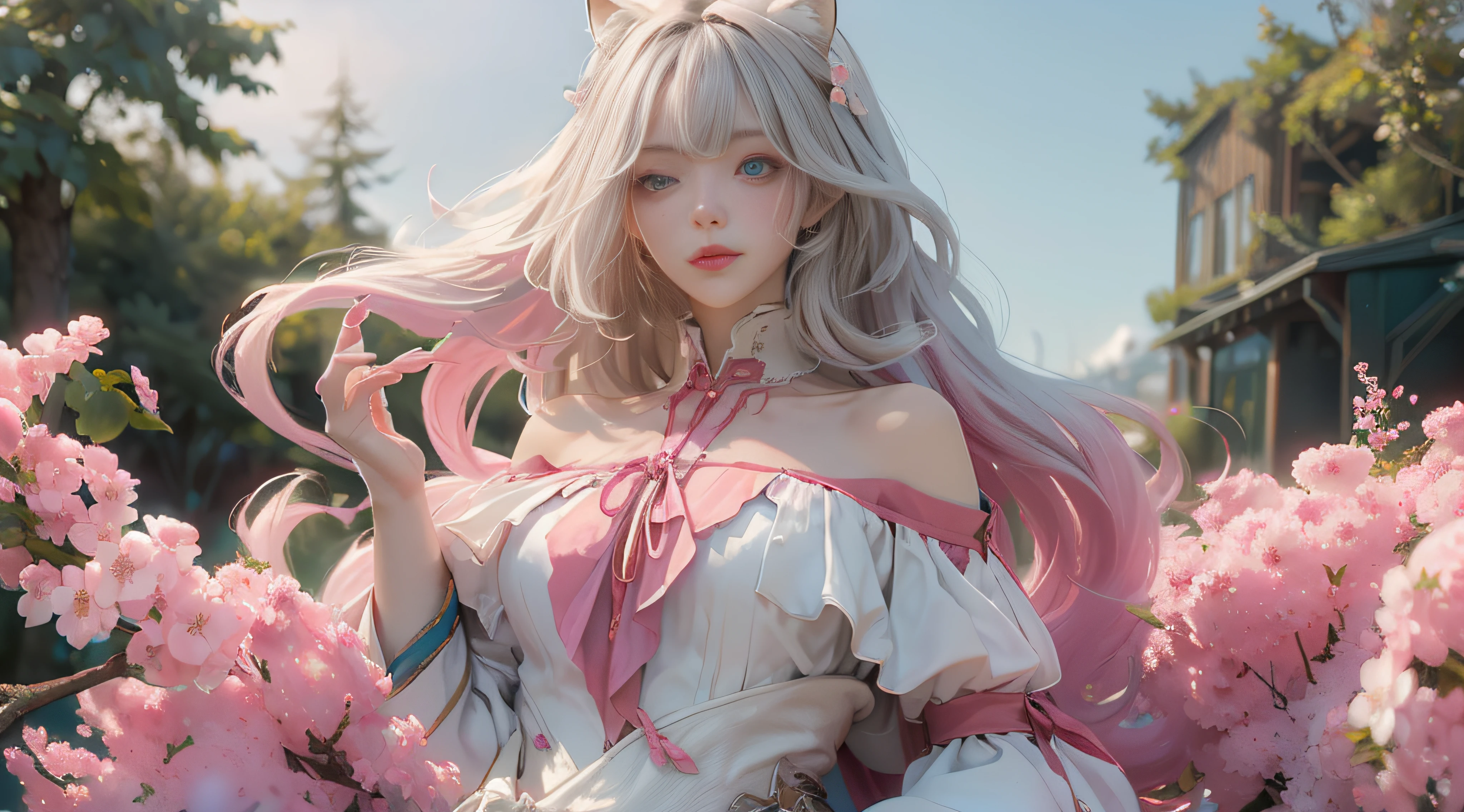 ((best qualtiy)), ((tmasterpiece)), (detail:1.4), Beautiful cyberpunk female images,hdr(HighDynamicRange),Ray traching,NVIDIA RTX,Hyper-Resolution,illusory 5,sub surface scattering,PBR textures,post-proces,Anisotropy Filtering,depth of fields,maximum definition and sharpness,Many-Layer Textures,Albedo e mapas Speculares,Surface coloring,Mitsu-Accurate simulation of material interactions,perfectly proportioned,rendering by octane,Two-colored light,largeaperture,Low ISO,White balance,Rule three points、8K raw data、Beautiful bright blue pupils,off-the-shoulder clothes,Fine pupils,Delicate face and eyes,long eyelasher,Blushlush,Delicate and fluffy hair,pink lip,Pure,Cute face,Sweet girl,Artistic sense,Casual wear,Advancedsense,butterflys,Cherry blossom petal,Beautiful hair accessories,Long hair and waist,Hair fluttering in the wind,Snow-white fox ears,curlies,Lots of white and pink,Complicated details
