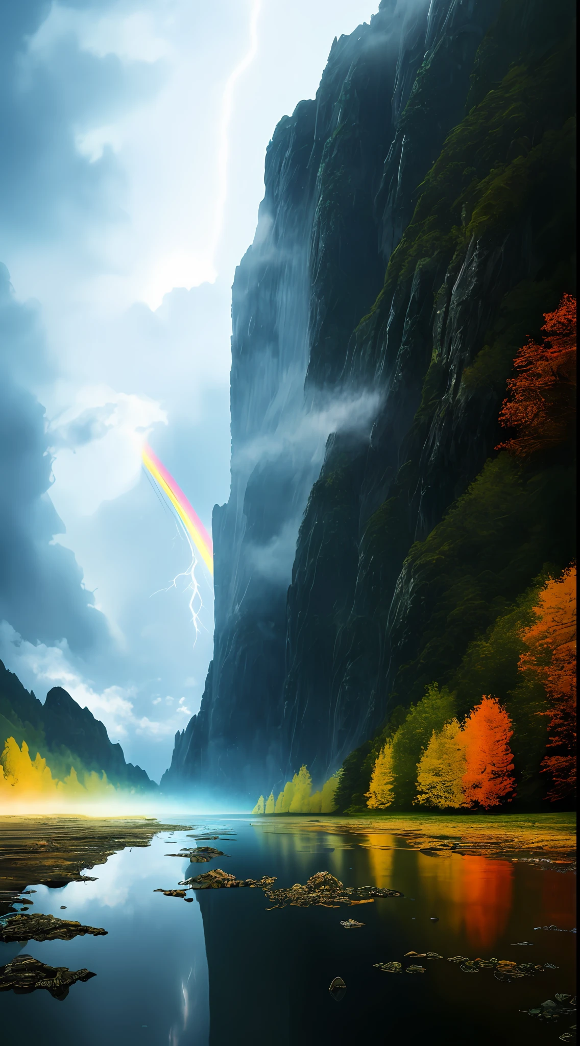 analog style,Chromav5, nvinkpunk,masterpiece, best quality, high quality,extremely detailed CG unity 8k wallpaper, scenery, outdoors, tree, no humans, sky, cloud, mountain, nature, river, water, rock, cloudy sky, day, landscape, reflection, lake, blue sky, building, mountainous horizon,heavy rain, rainbow, rain, Stormy, lightning, mist, fog , oil paiting, award winning photography, Bokeh, Depth of Field, HDR, bloom, Chromatic Aberration ,Photorealistic,extremely detailed, trending on artstation, trending on CGsociety, Intricate, High Detail, dramatic, art by midjourney