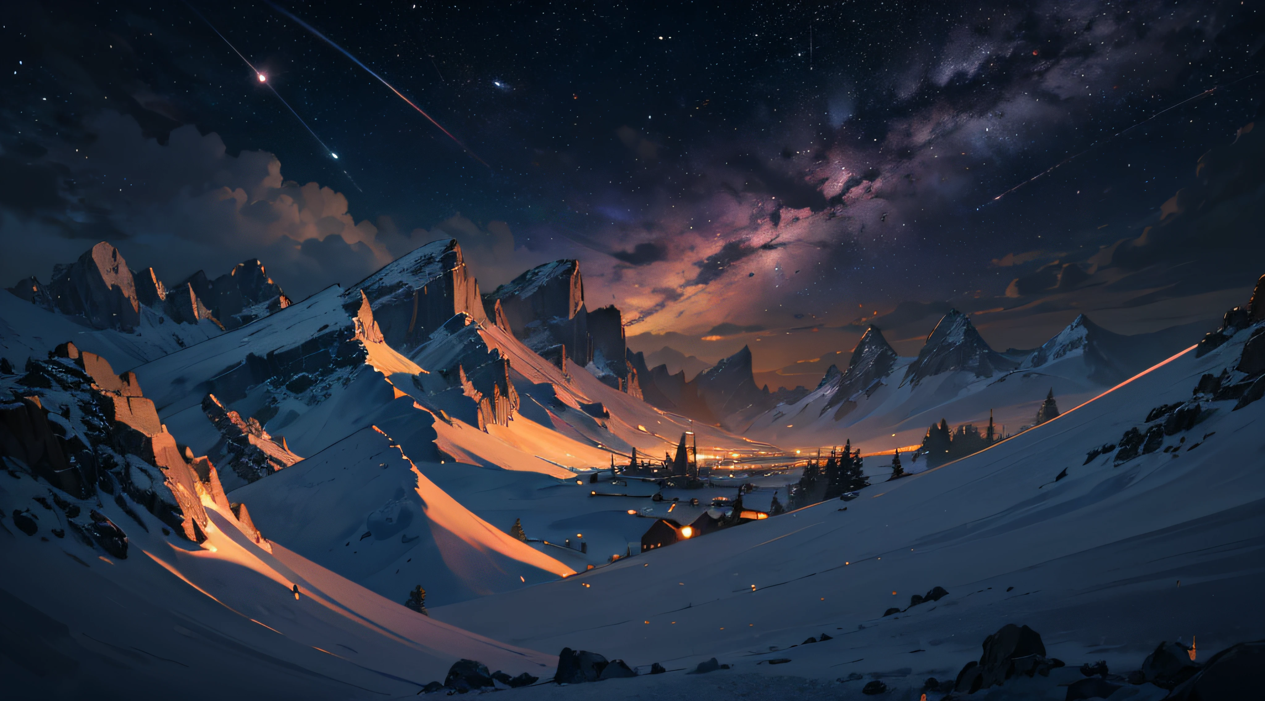 Expansive landscape photograph,(moon full:1.2),(meteors:0.9),(Starcloud:1.3),(Warm light source:1.2),(glowworm:1.2),lamp lights,Lots of purple and orange,Complicated details,Volumetriclighting,Realism BREAK(tmasterpiece:1.2),(best qualtiy),8K,Ultra-detailed,(dynamic compositions:1.4),The is very detailed,Colorful details,(Irridescent color:1.2),(luminouslighting,Atmospheric lighting),dream magical,magical,(独奏:1.2),((best qualtiy)), ((tmasterpiece)), (the detail:1.4),depth of fields,maximum definition and sharpness,perfectly proportions,Fluttering clouds,Wallpapers